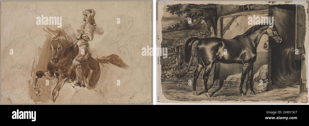 Armored figure à cheval (recto) ; cheval devant une grange (verso), ch. 1828. Eugène Delacroix (Français, 1798-1863). Le graphite et le pinceau et lavis ; feuille : 27 x 39,7 cm (10 5/8 x 15 5/8 in.). Banque D'Images