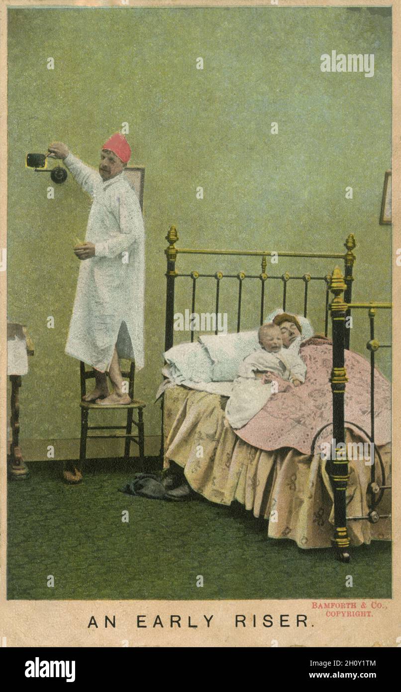 « an Early Riser » : carte postale de la série Bambuth Comic Edwardian d'époque, datée de 1909, numéro 1292 Banque D'Images