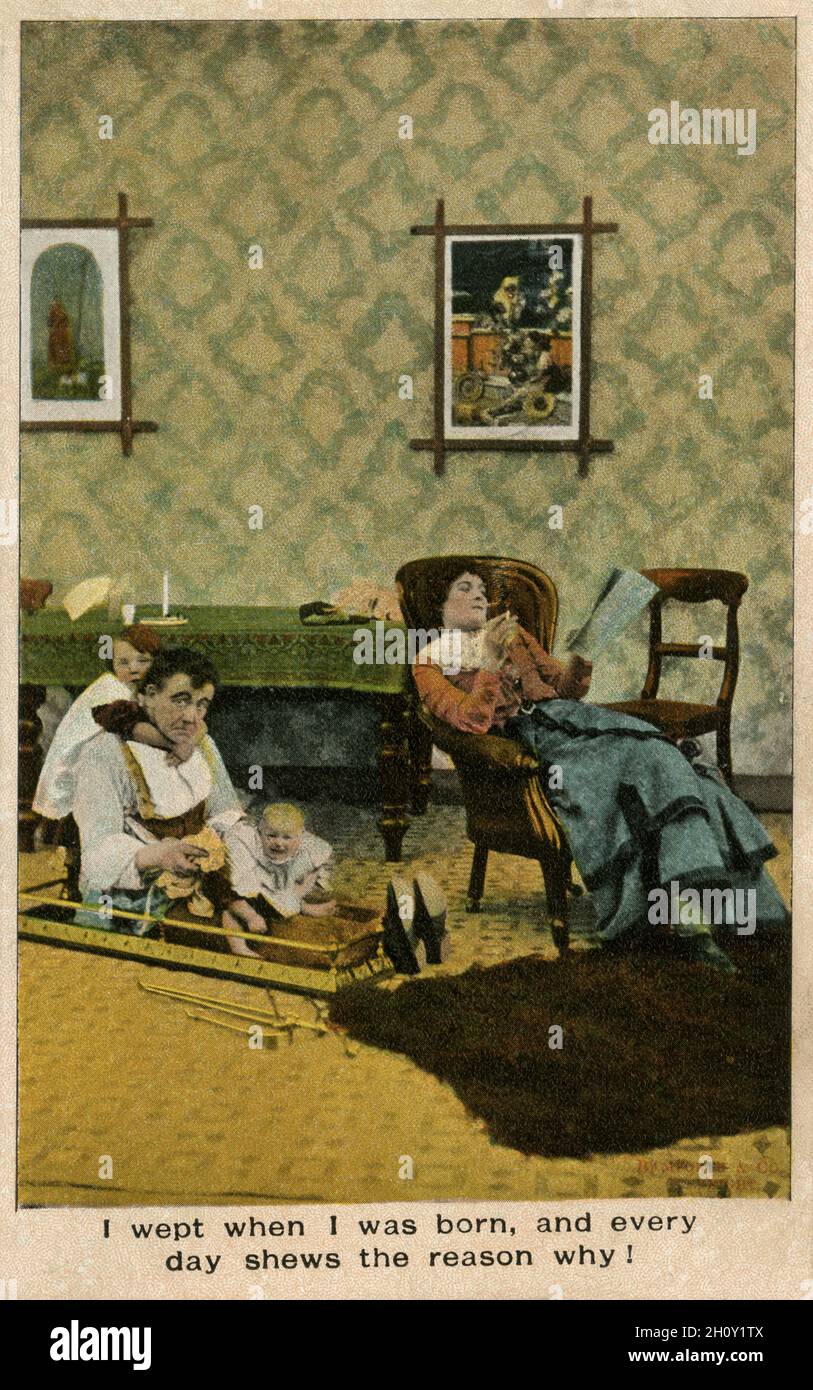 'Je pleurais quand je suis né, et chaque jour se décheter la raison pour!': Carte postale Edwardian Bamforth Comic Series, datée de 1909, numéro 1251 Banque D'Images