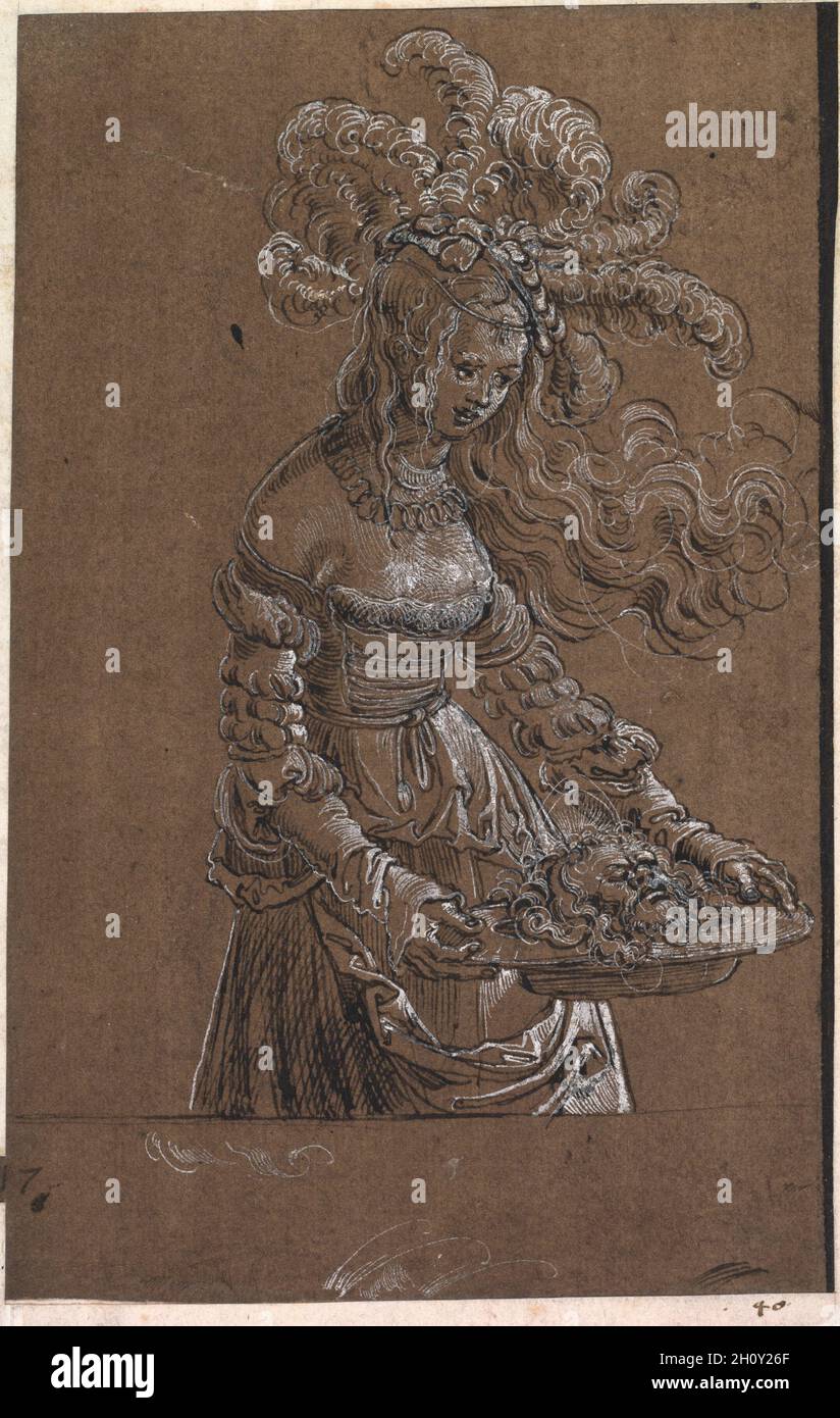Salome avec la tête de Saint-Jean-Baptiste, c.1517. Albrecht Altdorfer (allemand, c.1480-1538).Crayon et encre marron et pinceau et gouache blanc, lignes de cadrage à l'encre noire ; feuille : 19.1 x 12.6 cm (7 1/2 x 4 15/16 po.) ; support secondaire : 20 x 13 cm (7 7/8 x 5 1/8 po.).L'histoire de Salome est décrite dans les Évangiles bibliques de Mark et Matthieu.Après avoir dansé pour le roi Hérode de Galilée, son nouveau beau-père, on lui a accordé tout souhait qu'elle désirait.Influencée par sa mère, Herodias, elle demande que Jean-Baptiste, qui a été alors emprisonné pour avoir condamné le mariage d'Hérode et d'Hérode, soit exécuté.Ici, Banque D'Images