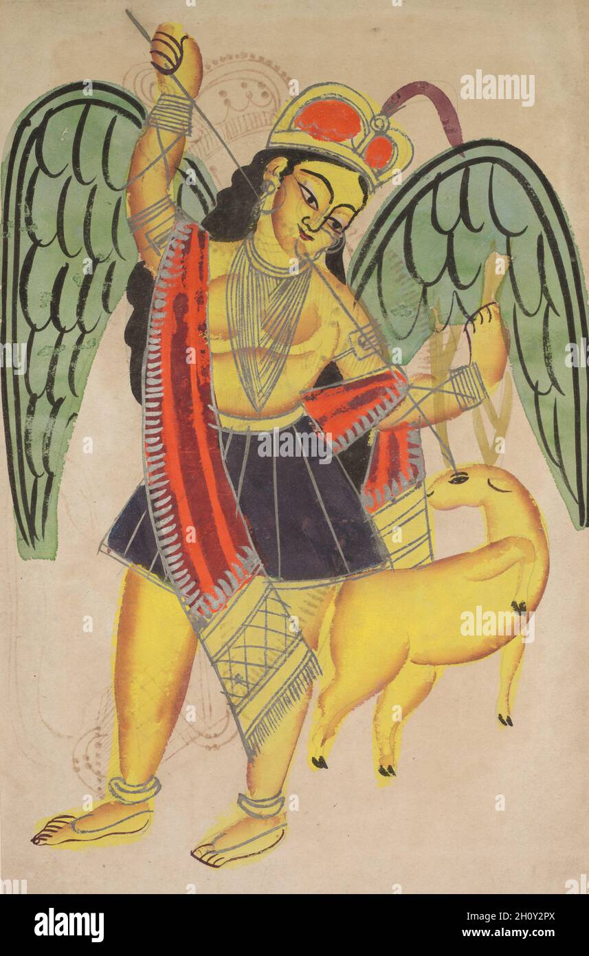 Diana ou Artemis, déesse de la chasse, c.1890. Inde de l'est, Bengale, Kolkata, Kalighat.Aquarelle, graphite, encre et étain sur papier ; support secondaire : 48.4 x 27.6 cm (19 1/16 x 10 7/8 po.) ; peinture uniquement : 45.4 x 27.8 cm (17 7/8 x 10 15/16 po.).Une adaptation de la déesse grecque Artemis ou de la déesse romaine Diana, déesse de la chasse, cette fée ailée porte une couronne britannique et une jupe courte et porte une lance.Comme Diana/Artemis, le cerf est présenté à sa gauche.Ses cheveux ressemblent à ceux d'autres déesses hindoues. Banque D'Images