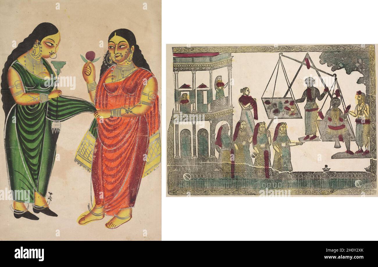 Femme de ménage apportant un Hookah à une Dame (recto); Krishna pondéré contre des objets précieux (?)(verso), c.1890. Inde de l'est, Bengale, Kolkata, Kalighat.Aquarelle, graphite, encre et étain sur papier ; support secondaire : 48.6 x 30.1 cm (19 1/8 x 11 7/8 po.) ; peinture uniquement : 45.8 x 27.9 cm (18 1/16 x 11 po.).Les peintures de Kalighat reflètent le temps et le contexte dans lesquels elles ont été créées.Les peintres de Kalighat ont utilisé leur milieu pour offrir des critiques pénétrantes et perspicaces des Indiens d'influence britannique ainsi que des Britanniques eux-mêmes à travers des satires et des caricatures.Commis indien bengali nouvellement riche (bab Banque D'Images