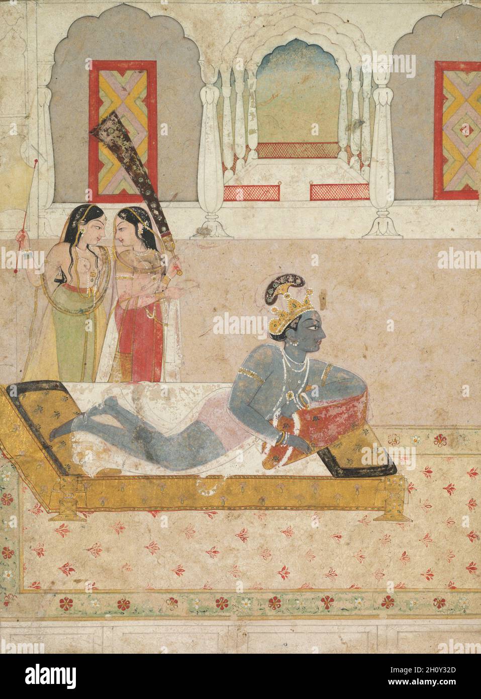 Krishna AWaiting Radha, c.1750–60.Inde, Pahari Hills, école Guler, XVIIIe siècle.Encre et couleur sur papier ; hors tout : 18.6 x 13.2 cm (7 5/16 x 5 3/16 po.).Le dieu hindou Krishna s'incline sur un lit, regardant avec vigilance devant, attendant son amant, Radha.Il ne porte aucune attention aux deux accompagnateurs qui tiennent un ventilateur et un fouet en plumes de paon à ses pieds.les peintres indiens ont cherché à transmettre l'essence des textes de dévotion hindous.Tant dans les peintures que dans la poésie, l'empathie émotionnelle est créée par des situations dépeintes et décrites.Dieu attend que son dévot mette de côté des distractions mondaines et viennent à lui, Banque D'Images