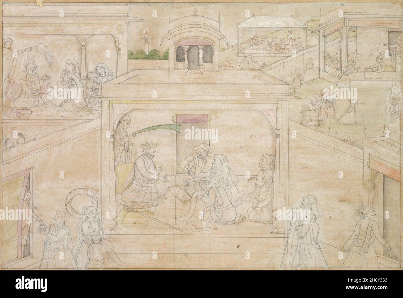 La consultation de Bhima avec l'astrologue: Scène des dessins  Nala-Damayanti, c.1790-1800.Nord de l'Inde, Himachal Pradesh, Pahari  Royaume de Kangra.Encre légèrement colorée sur le papier ; hors tout : 22.2  x 33.5 cm (