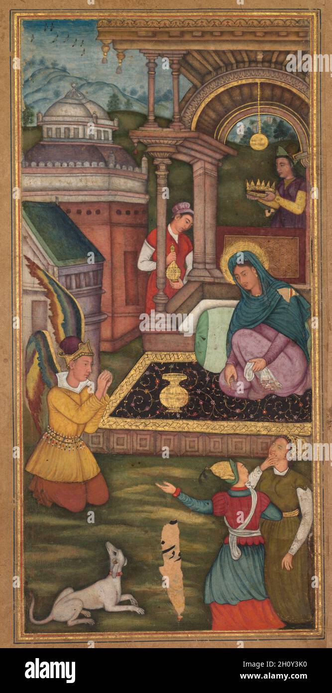 L’Annonciation, d’un miroir de Sainteté (Mir’at al-quds) du Père Jerome Xavier, 1602-04.Mughal India, Allahabad, fait pour le Prince Salim (1569–1627).Aquarelle opaque et or sur papier; page : 26.2 x 15.4 cm (10 5/16 x 6 1/16 po).L'Annonciation est une scène familière de la Renaissance européenne et de l'art baroque qui est ici interprétée par un peintre dans un atelier de Mughal.Marie avait prié avant l'arrivée de l'ange Gabriel.Elle le regarde comme il s'agenouille avec révérence et l'informe qu'elle portera le fils de Dieu.Ses ailes, forcées à l'intérieur de la limite du champ de peinture, ont Banque D'Images