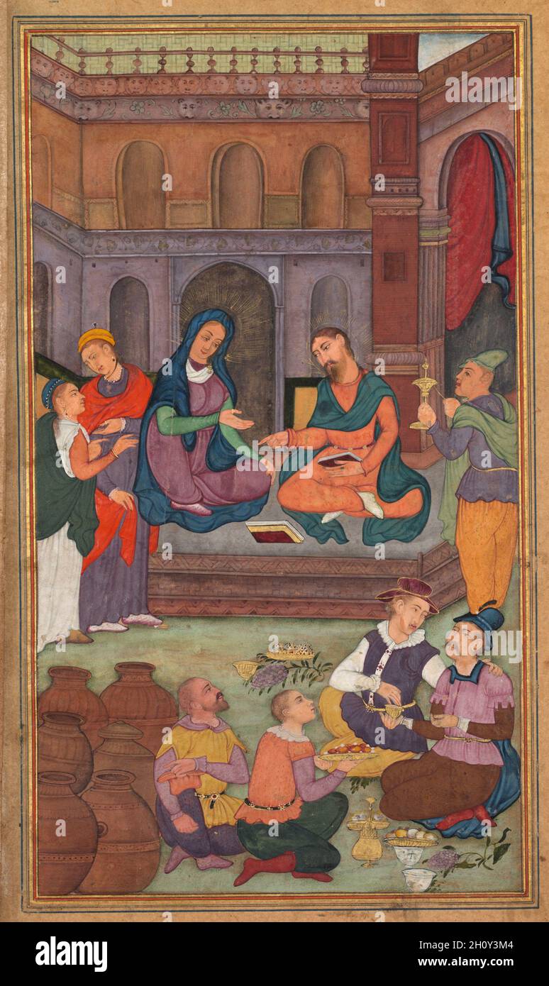 Le mariage à Cana, d’un miroir de la Sainteté (Mir’at al-quds) du Père Jerome Xavier, 1602-04.Mughal India, Allahabad, fait pour le Prince Salim (1569–1627).Aquarelle opaque, encre, couleur et or sur papier; feuille: 26.3 x 15.7 cm (10 3/8 x 6 3/16 po.); image: 19.5 x 11.3 cm (7 11/16 x 4 7/16 po.). Banque D'Images