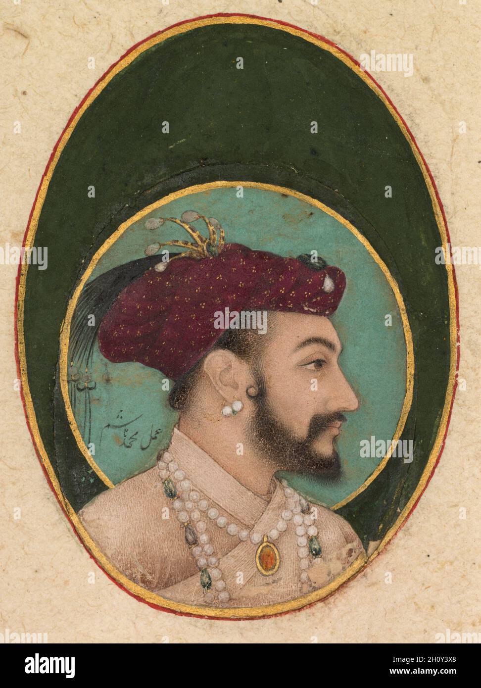 Shah Jahan, c.1630. Hashim (Indien, actif 1598-c.1650).Aquarelle opaque, encre et or sur papier ; total : 5.4 x 3.7 cm (2 1/8 x 1 7/16 po).Ce joyau de portrait sensible a probablement été peint peu après que Shah Jahan est arrivé sur le trône du puissant empire moghol en 1628 après la mort de son père, Jahangir.Il a décidé de porter une barbe complète, en référence à son orthodoxie accrue par rapport à son père et grand-père plus libéral.La signature de l’artiste apparaît derrière la nuque de Shah Jahan. Banque D'Images