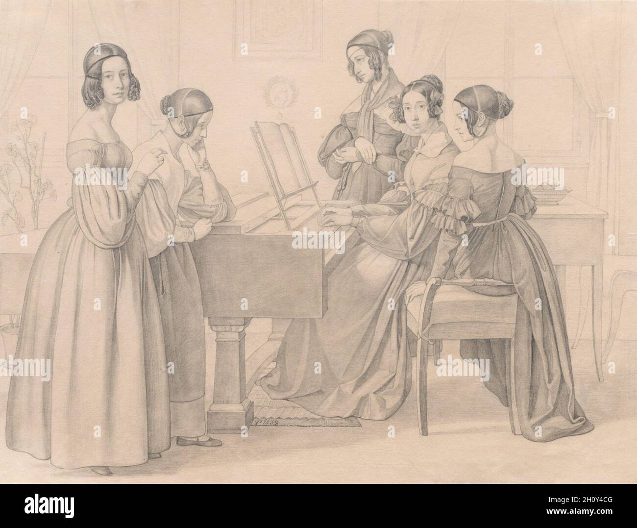 Musicale aux Prellers, 1838.Friedrich Preller (allemand, 1804-1878).Graphite; feuille: 31.3 x 41.4 cm (12 5/16 x 16 5/16 po).Ce dessin représente une soirée de l'après-midi ou du soir organisée par Preller, un peintre paysagiste allemand renommé, et son épouse.Le piano est le centre de la rencontre sociale domestique.Parmi les jeunes femmes rassemblées autour de l'instrument se trouvent deux sœurs, Malvina et Olinda (avec la pièce oculaire), filles d'un professeur d'esthétique, Fredrich Bouterweck.Olinda a étudié la peinture avec Preller et était très proche de la famille de l’artiste.Les fils de Preller l'ont appelée « tante Olinda, Banque D'Images