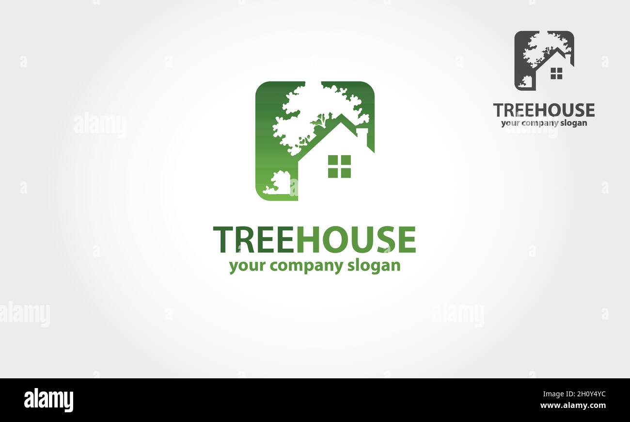 Modèle de logo Tree House Vector.Le symbole principal du logo est un arbre et une maison.Ce logo symbolise un quartier, une croissance, une préoccupation pour le développement. Illustration de Vecteur