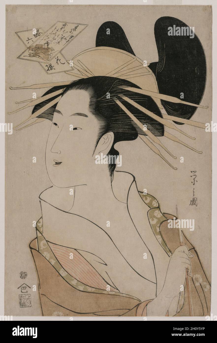 Portrait d'une courtisane tenant un tuyau (de la série Les six poètes Immortels en robe moderne), mi 1790. Chōbunsai Eishi, japonais (1756-1829). Gravure sur bois en couleur ; feuille : 38,2 x 25,8 cm (15 1/16 x 10 3/16 po.). Banque D'Images