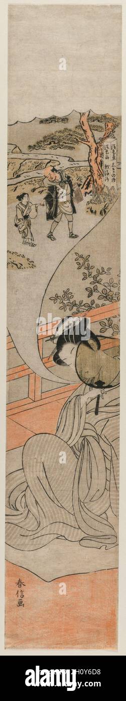 Courtesan le rêve de son enfance, c.1770. Suzuki Harunobu (japonais, 1724-1770).Imprimé color block; feuille: 68 x 12.8 cm (26 3/4 x 5 1/16 po.).Cet imprimé représente un courtesan rêvant de l'époque où elle a été prise de sa famille pour devenir courtesan.L'homme qui dirige la fille par la main l'escorte probablement à la Yoshiwara, le quartier de divertissement à Edo.Ce format est appelé un imprimé pilier, ou hachira-e (littéralement, 'image pilier').Il est fait en collant deux feuilles ensemble verticalement pour former une image longue et étroite, souvent accrochée comme une décoration sur les montants étroits de support de Banque D'Images