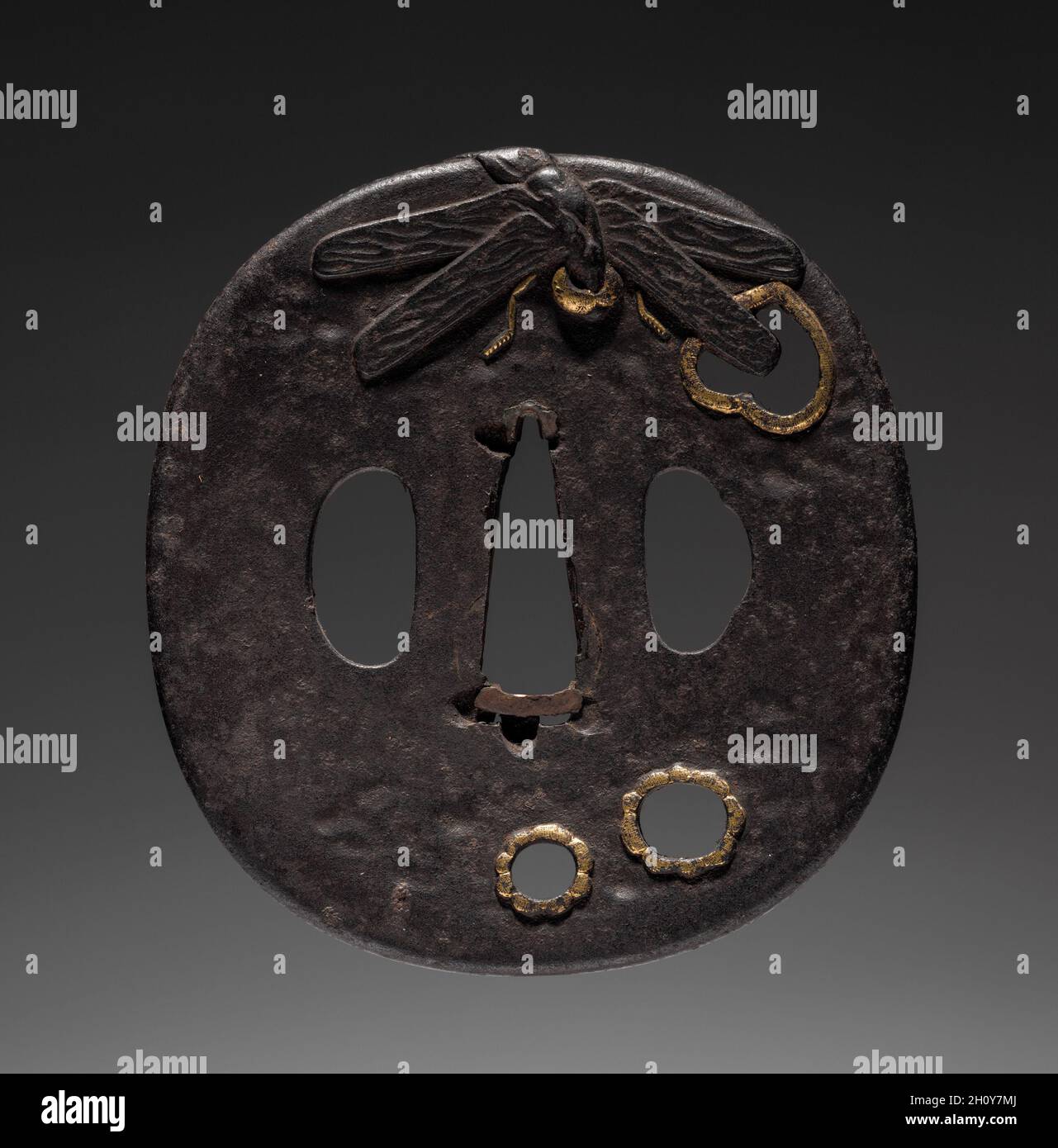 Garde d'épée (Tsusa) avec Dragonfly, c.1615-1868.Japon, éventuellement période Edo (1615-1868). Moyenne : 7 x 7.7 cm (2 3/4 x 3 1/16 po). Banque D'Images