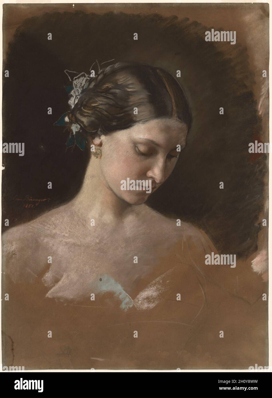 Portrait d'une femme, c.1889-1899.Jean-Baptiste-Antoine-Émile Béranger (français, 1814-1883).Pastel; feuille: 68.9 x 50.2 cm (27 1/8 x 19 3/4 po).Béranger est connu comme un peintre universitaire de sujets de genre.Cette étude pastel d'une jeune femme aux yeux détournés transmet un sentiment de vitalité et d'immédiateté manquant dans ses œuvres plus fortement finies dans l'huile.Tandis que les caractéristiques gracieuses de son visage sont articulées avec des détails tendres, les fleurs ornant ses cheveux sont sommairement indiquées avec une poignée de coups rapides, et son corsage est à peine suggéré. Banque D'Images