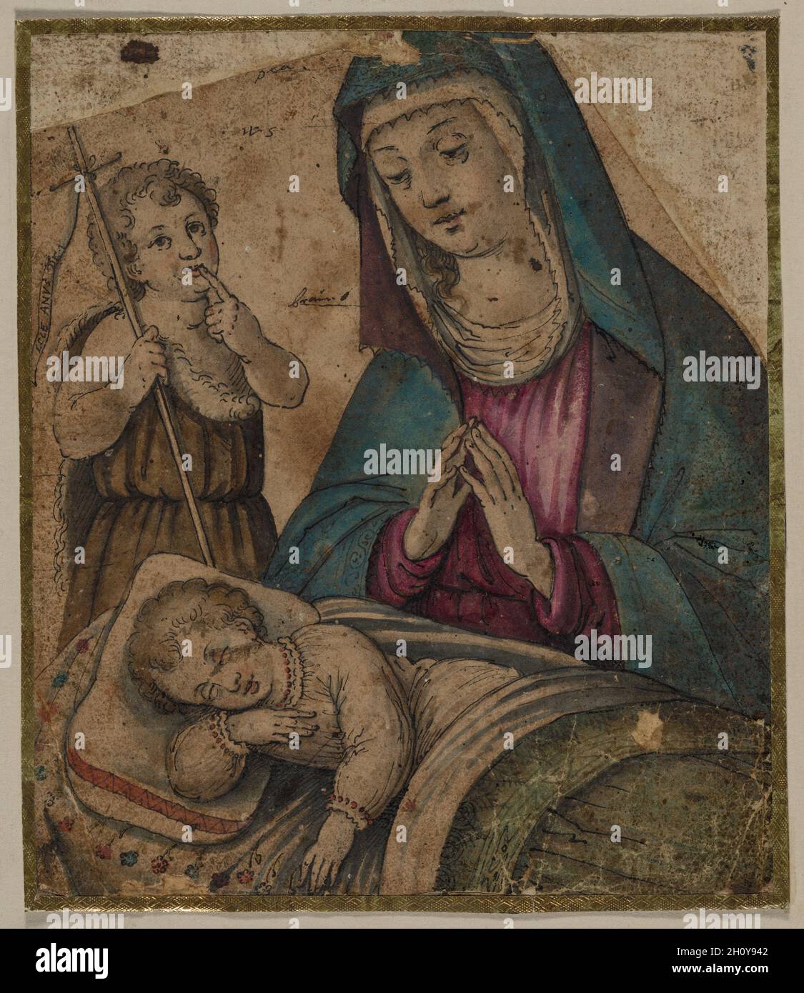 Vierge et enfant avec Saint John (recto), 1500s.Italie, XVIe siècle.Stylo et encre noire et pinceau, lavage brun et gouache bleu, vert, rouge et rouge-violet; feuille : 17.6 x 15 cm (6 15/16 x 5 7/8 po.); support secondaire : 18.2 x 15.6 cm (7 3/16 x 6 1/8 po.); support tertiaire :18.2 x 15.6 cm (7 3/16 x 6 1/8 po); support quadratique : 24.8 x 20.9 cm (9 3/4 x 8 1/4 po). Banque D'Images