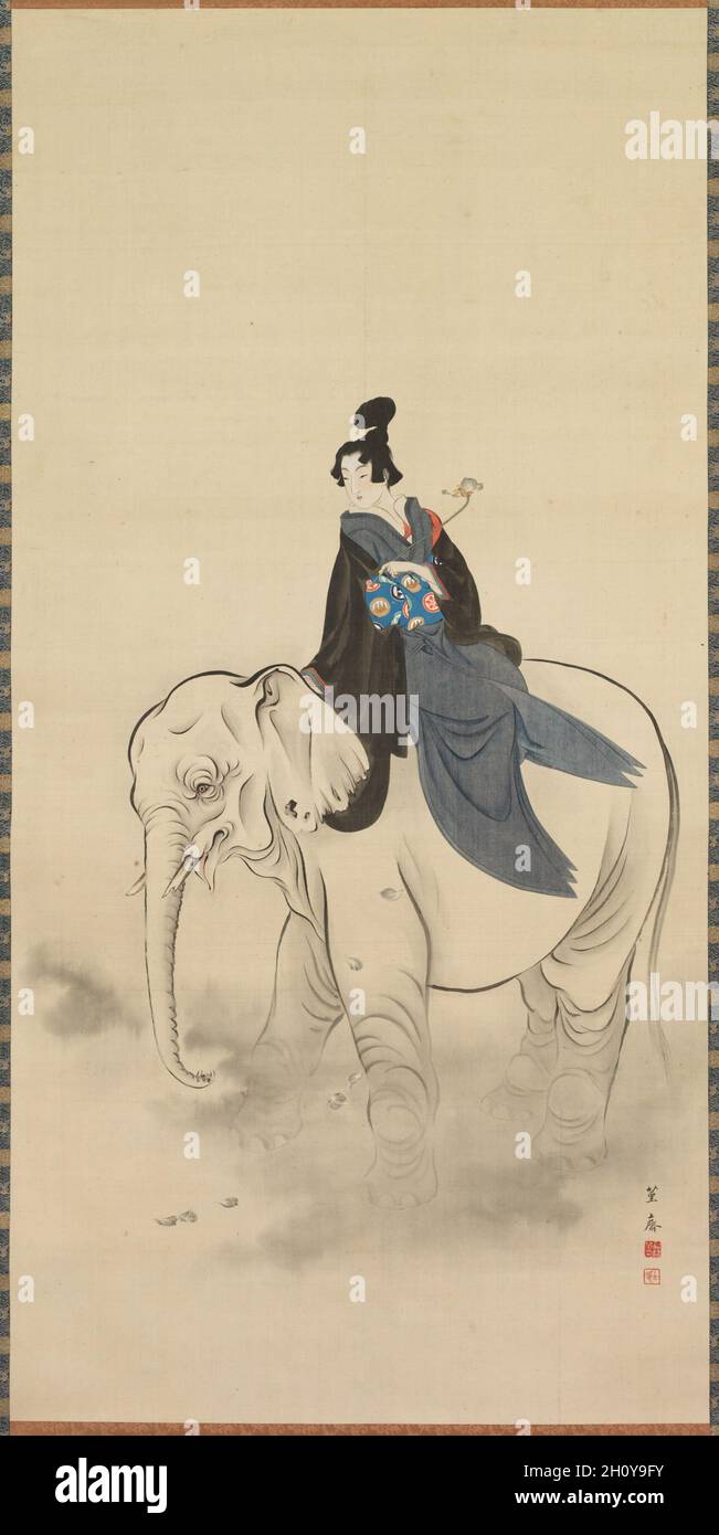 Courtesan à cheval sur un éléphant (parodie de la Bodhisattva Fugen), fin du 1700-début du XIXe siècle.Kitao Masayoshi (japonais, 1761-1824).Rouleau suspendu; encre et couleur sur soie; peinture seulement: 114.3 x 56.2 cm (45 x 22 1/8 po.); y compris montage: 186.7 x 76.2 cm (73 1/2 x 30 po.). Banque D'Images