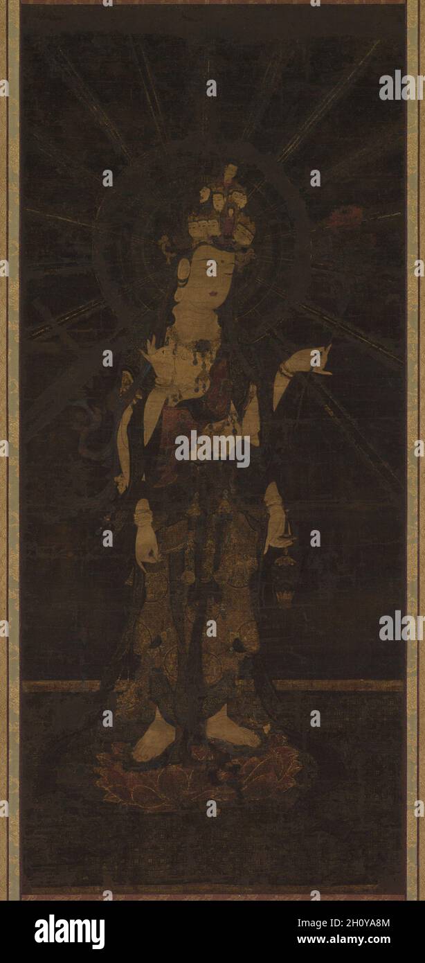 Kannon à onze têtes (Jūichimen Kannon), 1200s.Japon, période Kamakura  (1185-1333).Rouleau suspendu; couleur et or coupé (kirikane) sur soie; hors  tout: 106.7 x 39.7 cm (42 x 15 5/8 po).Le Kannon à onze