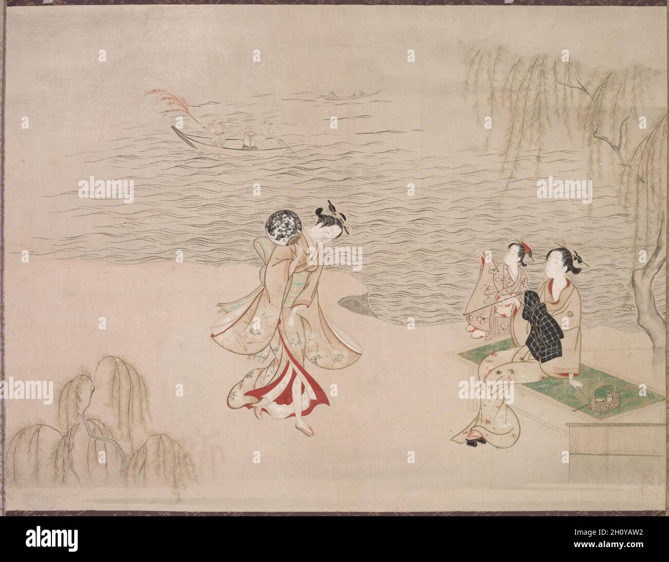 Beautés au bord de la mer, c.1765–92.Ippitsusai Bunchō (japonais, dates inconnues).Rouleau suspendu; encre et couleur sur papier; image: 41.3 x 54 cm (16 1/4 x 21 1/4 po.); hors tout: 134 x 72.8 cm (52 3/4 x 28 11/16 po.).Groupe ?décrit le sujet populaire de refroidissement par l'eau à la fin du printemps ou en début de soirée d'été, comme l'a suggéré le saule.La dame assise apprécie son tabac à pipe, un passe-temps populaire pour les femmes Edo.En arrière-plan, certains feux d'artifice sont mis à l'arrêt d'un petit bateau. Banque D'Images