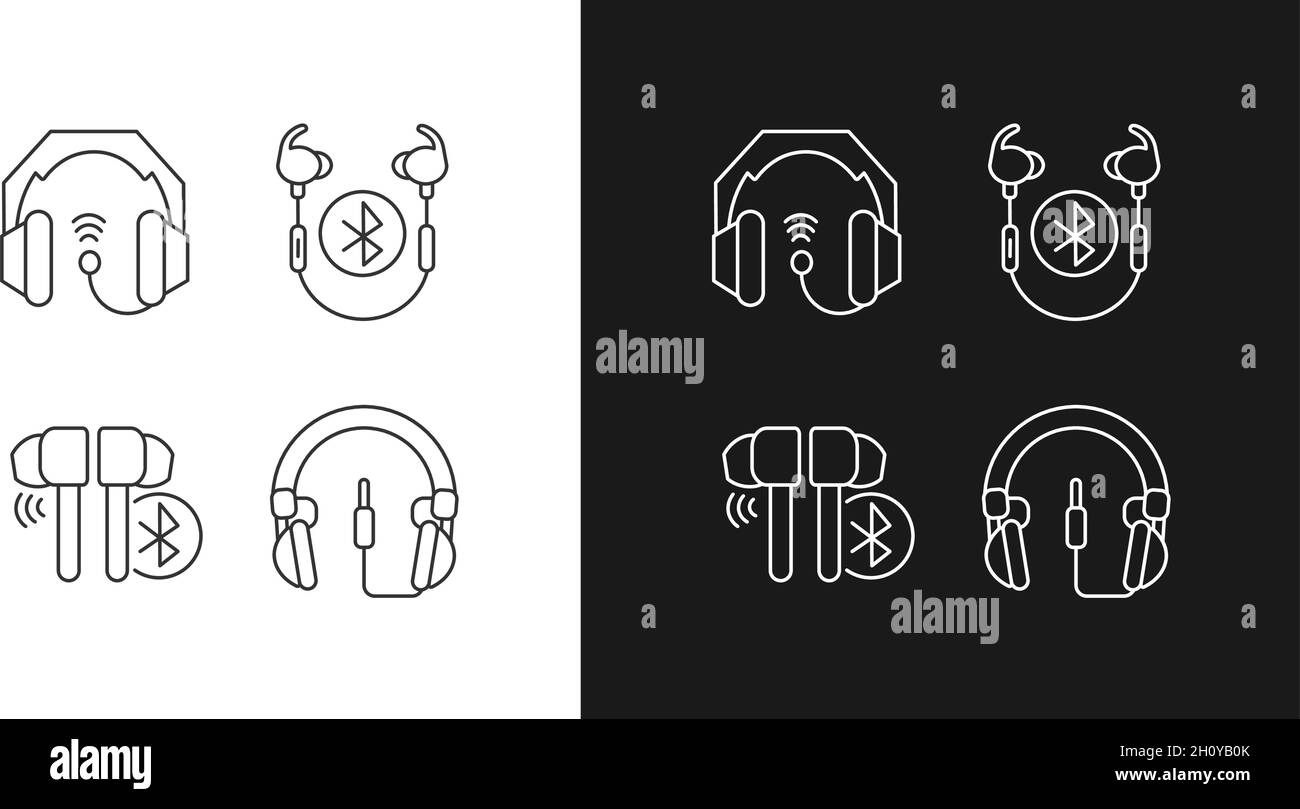 Les icônes linéaires des écouteurs intra-auriculaires et supra-auriculaires sont définies pour les modes sombre et clair Illustration de Vecteur