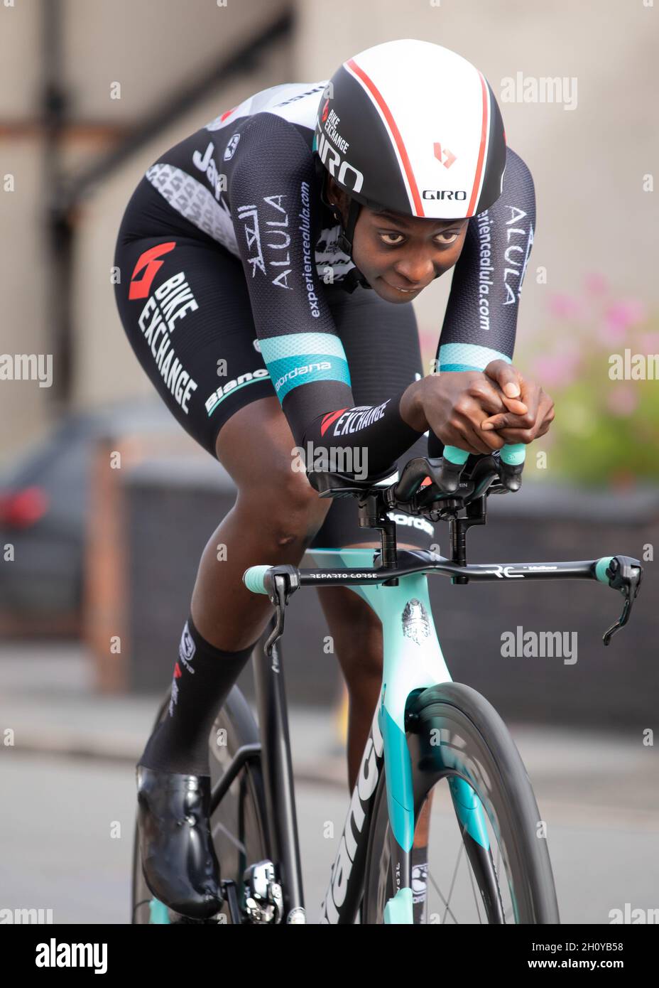 Teniel Campbell pour l'équipe BikeExchange participant à l'AJ Bell Women's Tour 2021.Le tout premier essai à Atherstone. Banque D'Images