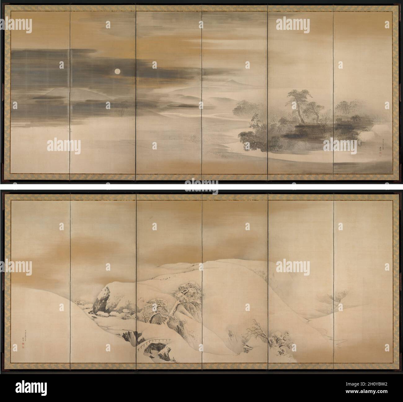Nuit d'été; jour d'hiver, 1784.Maruyama Ōkyo (japonais, 1733-1795).Paire d'écrans pliants à six panneaux, encre, or et argent sur papier ; total : 154 x 362 cm (60 5/8 x 142 1/2 po).?kyo peint ces panoramas à l'été 1784.Considéré comme le plus important professeur de peinture et artiste accompli de Kyoto, il avait étudié les techniques de peinture occidentales, l'esquisse « réaliste » de la nature et la peinture traditionnelle japonaise (yamato-e).La qualité naturaliste de ces scènes résulte d'un mélange d'observation détaillée de la nature et d'un regard éloigné, même détaché, pour la place de l'homme dans le wor Banque D'Images