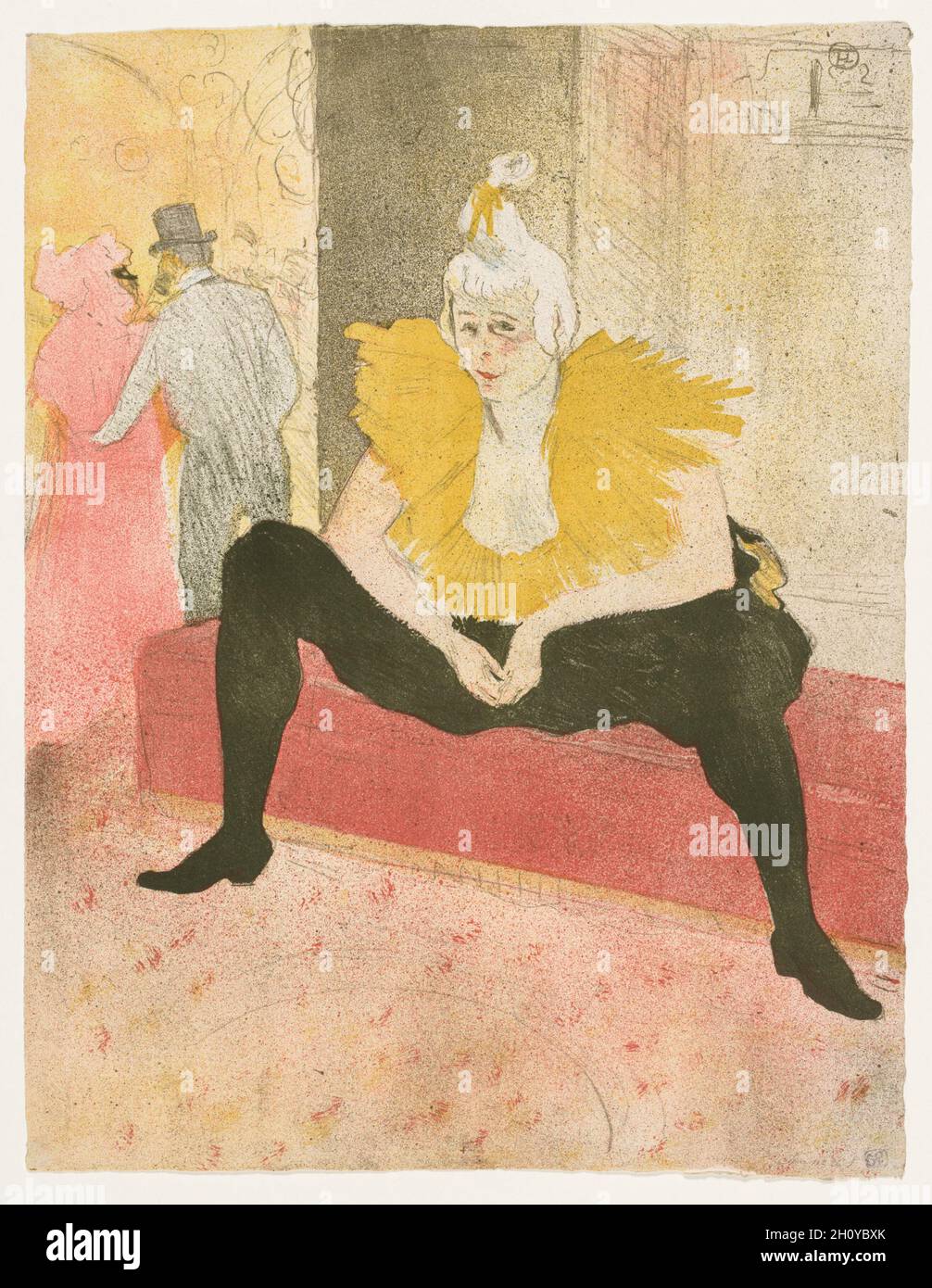 Elles: Le clown assis, Mlle Cha-u-Ka-o , 1896.Henri de Toulouse-Lautrec (français, 1864-1901), imprimé par Auguste Clot.Lithographie couleur; feuille: 52.6 x 40.3 cm (20 11/16 x 15 7/8 po.).L'éditeur français Gustave Pellet, espérant attirer de nouveaux clients, a persuadé Lautrec de réaliser une série de dix tirages, ainsi que des façades et des couvertures, représentant des maisons closes.Bien qu'il n'ait pas été inhabituel de voir des prostituées dans la presse populaire, Lautrec a été le premier artiste connu et réussi à s'attaquer à ce sujet.L'ensemble a été un échec commercial quand il est apparu pour la première fois, peut-être parce que les scènes ne sont pas Banque D'Images