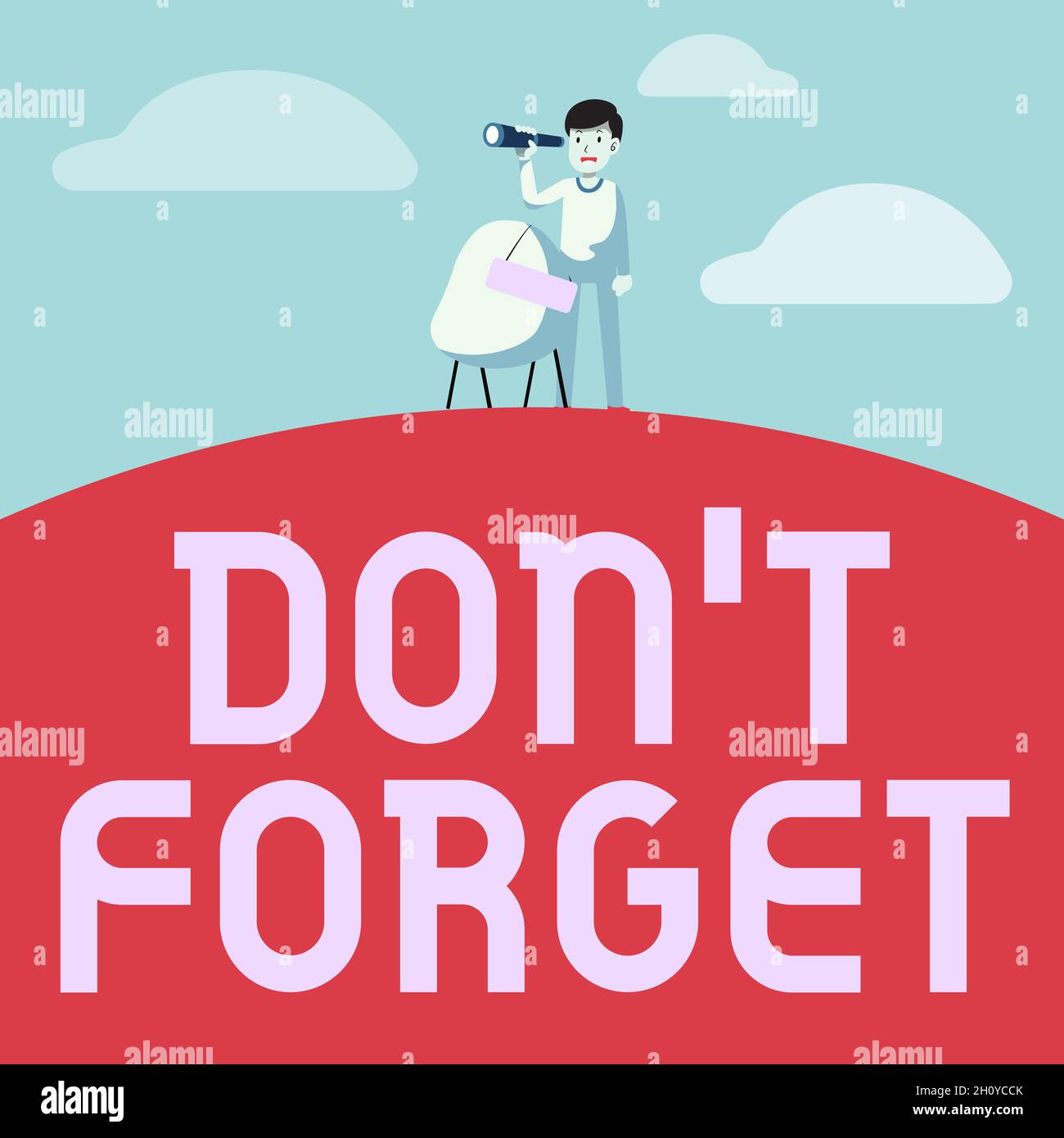 Écriture du texte affiché Don T Forget.Mot pour utilisé pour rappeler à quelqu'un d'important fait ou détail Man jumelles Illustration chaise debout avec Banque D'Images