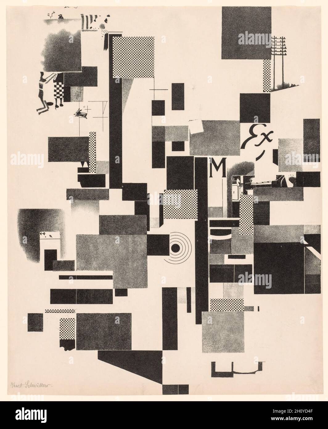 Portefeuille Merz 3 : planche 1, 1923.Kurt Schwitters (allemand, 1887-1948).Lithographie; Dada était un mouvement littéraire et artistique qui a commencé en Europe pendant la première Guerre mondiale. Il a été caractérisé par le cynisme, les expressions de l'indignation aux conditions du monde, et la rébellion contre toutes les conventions artistiques établies et les formes d'art traditionnel.En 1919, Kurt Schwitters développe sa propre version de Dada nommée Merz qui prend la forme de poésie, de récitals publics de non-sens, et de collages.Les juxtapositions verbales de mots sans rapport dans ses poèmes avaient un équivalent visuel dans des compositions composées de morceaux de pape Banque D'Images