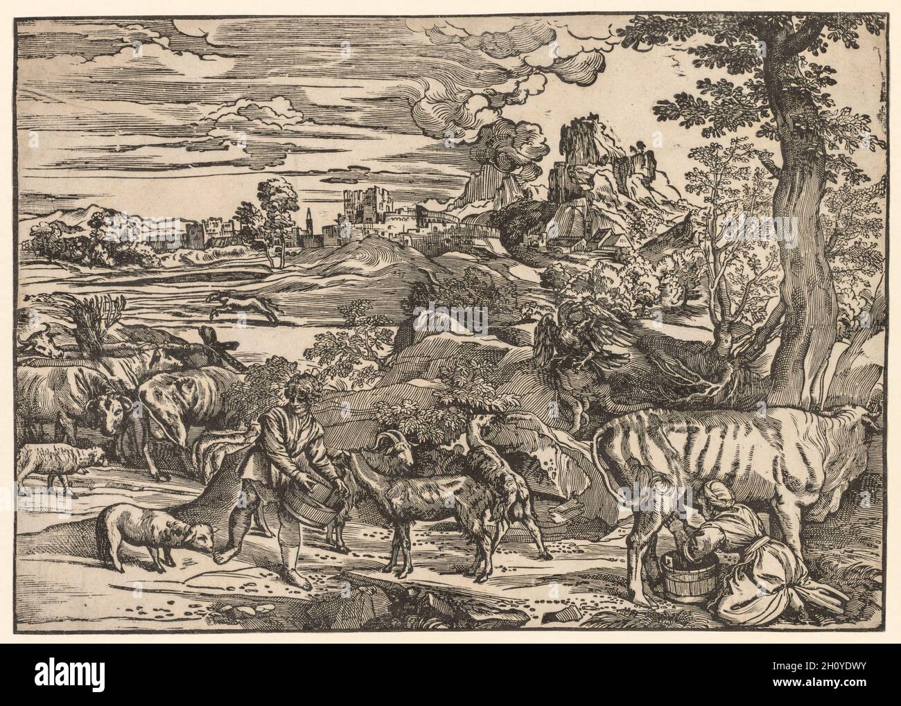 Paysage avec une Milkmaid, c.1525. Niccolo Boldrini (italien, c.1500-aft 1566).Coupe de bois; image: 37.6 x 53 cm (14 13/16 x 20 7/8 in.); feuille: 37.6 x 53 cm (14 13/16 x 20 7/8 in.).Dans les années 1620, Titien a commencé à élargir le potentiel expressif du paysage, qui a acquis une importance croissante au-delà de sa fonction comme cadre pour l'action figurale.Comme aucune des peintures de Titien ne donne une telle importance au paysage, l'artiste se sentait probablement plus libre d'expérimenter dans les imprimés, un support souvent choisi pour de nouveaux modes d'expression.Paysage avec une Milkmaid, qui semble à l'image d'une simple scène rustique de Banque D'Images