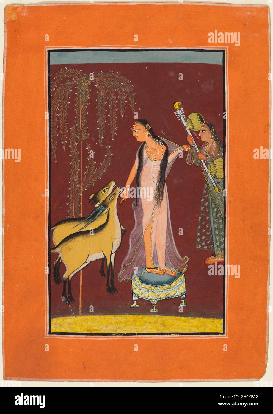 Une dame avec le préposé et une paire de cerfs : probablement Gujari Ragini de Dipak, d'un Pahari Ragamala, 1710-20.Inde du Nord, Himachal Pradesh, Royaume de Pahari, probablement Chamba.Température de gomme sur papier; page : 21.9 x 15.6 cm (8 5/8 x 6 1/8 po.); image : 16.7 x 10.1 cm (6 9/16 x 4 po.).Deux dames, l'une revêtue d'un châle transparent et l'autre portant un peshwaz de Mughal, sont flanquées par une paire de cerfs sous un arbre à fleurs.La dame debout sur un tabouret hexagonal caresse le cerf tandis que son accompagnateur tient un vina, un instrument de musique indien.La scène est définie par rapport à un monochromat mauve solide Banque D'Images