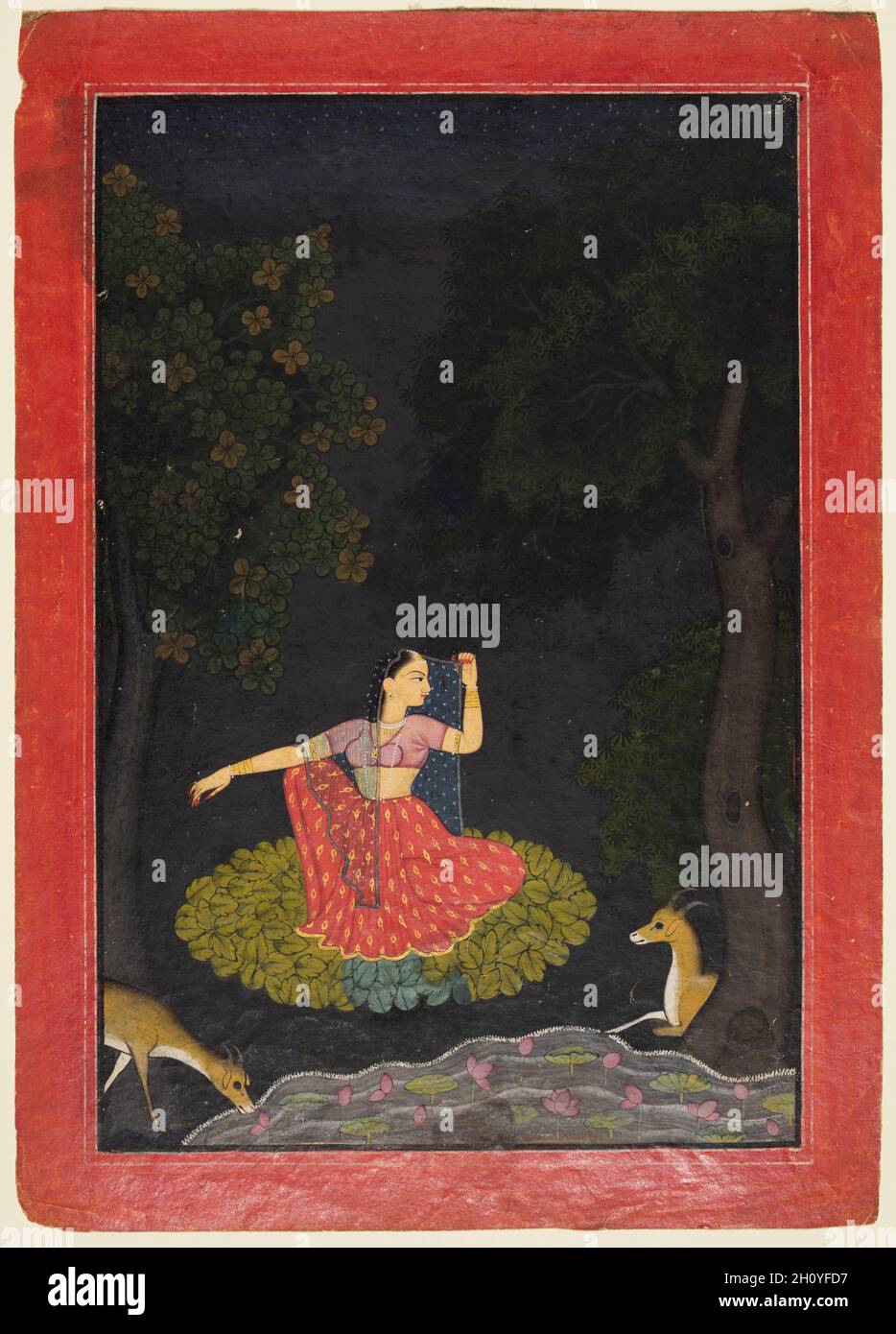 Une héroïne en attente de son paramure: Vasakasajja Nayika, d'un Nurpur Rasikapriya, c.1750. Nord de l'Inde, Himachal Pradesh, Pahari Royaume de Nurpur.Gomme tempera et or sur papier; page: 28.4 x 20.2 cm (11 3/16 x 7 15/16 po.); image: 24.4 x 16.7 cm (9 5/8 x 6 9/16 po.).Vasakasajja a été décrit comme Nayika qui arrange le lit pour faire l'amour.Elle est assise sur un lit de feuilles près d'un étang, attendant anxieusement son amant.Le peintre a fidèlement suivi la description de la scène du poète et a représenté le Nayika, à la conformation équitable, qui rayonnait contre l’illumi, un environnement sombre Banque D'Images