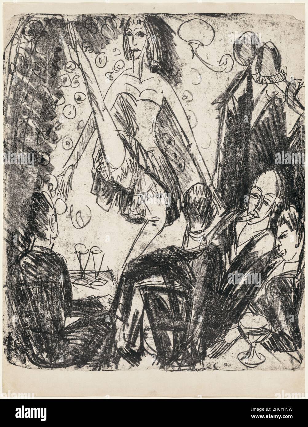Danseuse blanche dans une petite discothèque, 1914.Ernst Ludwig Kirchner (allemand, 1880-1938).Lithographie; image: 59 x 50 cm (23 1/4 x 19 11/16 po.); feuille: 65 x 50 cm (25 9/16 x 19 11/16 po.).Ernst Ludwig Kirchner était fasciné par le monde souterrain tawdry des cabarets et des boîtes de nuit près d'où il vivait à Berlin.Il a imprimé cette scène de boîte de nuit à partir de sa plus grande pierre lithographique.Un danseur à coups de pied est à la fois lésé et ignoré par un cadre d'hommes fumant du cigare, dont l'un d'eux, avec son visage vers le spectateur, est Kirchner lui-même.L’espace exigu et l’atmosphère fumée, mis en valeur par la rapidité de l’artiste, f Banque D'Images