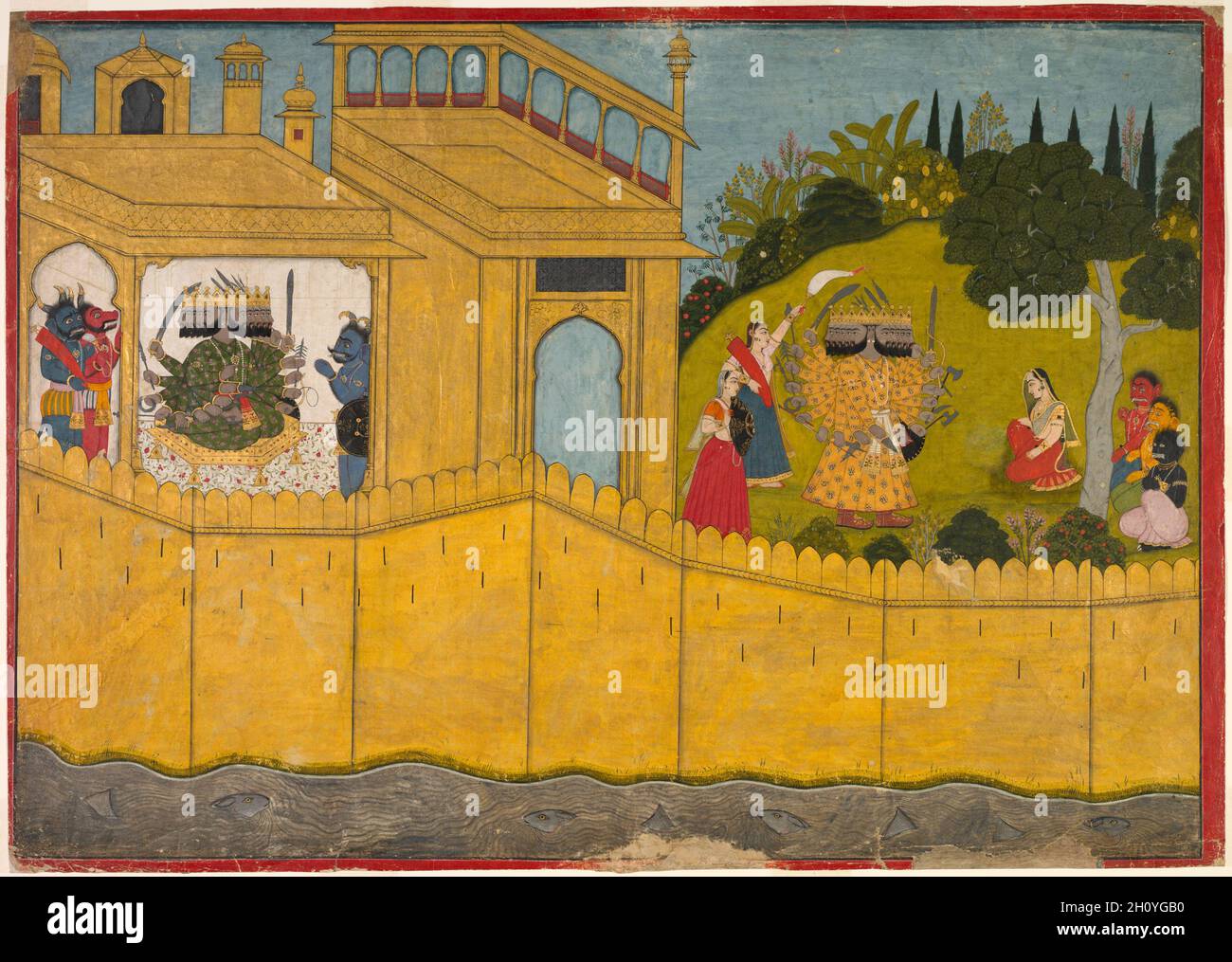 SITA dans le jardin du Lanka, de l'épopée de Ramayana de Valmiki, c.1725. Nord de l'Inde, Himachal Pradesh, Guler.Aquarelle opaque et or sur papier; image : 55.5 x 79 cm (21 7/8 x 31 1/8 po.); hors tout : 56.3 x 81 cm (22 3/16 x 31 7/8 po.).Le roi démon Ravana, le méchant de l'épique Ramayana, a 10 têtes et 20 armes et vit sur l'île dorée du Lanka.Il est montré deux fois dans ce tableau: Entroné avec des gardes de démon à gauche et approchant l'héroïne Sita à droite, qu'il a enlevée et emprisonnée.Gardée par des demonesses, Sita est fermement assise dans son refus de devenir sa reine et à Banque D'Images