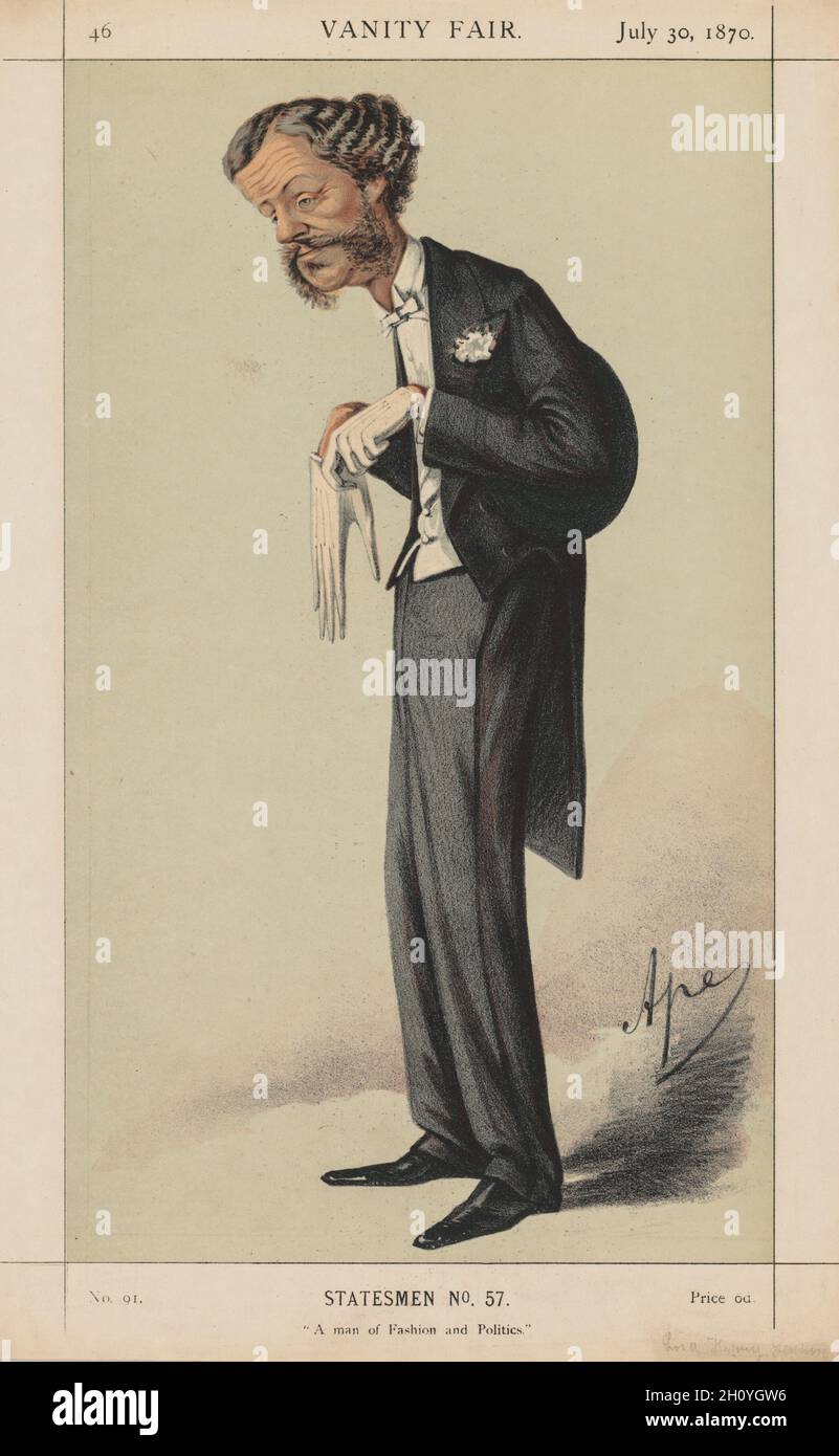 Publié dans Vanity Fair le 30 juillet 1870: Vanity Fair: Statesman, No 57 'Un homme de mode et de politique', 1870.Carlo (APE) Pellegrini (italien, 1839-1889).Lithographie couleur; feuille: 35 x 23.4 cm (13 3/4 x 9 3/16 po.); image: 30.9 x 18.2 cm (12 3/16 x 7 3/16 po.). Banque D'Images