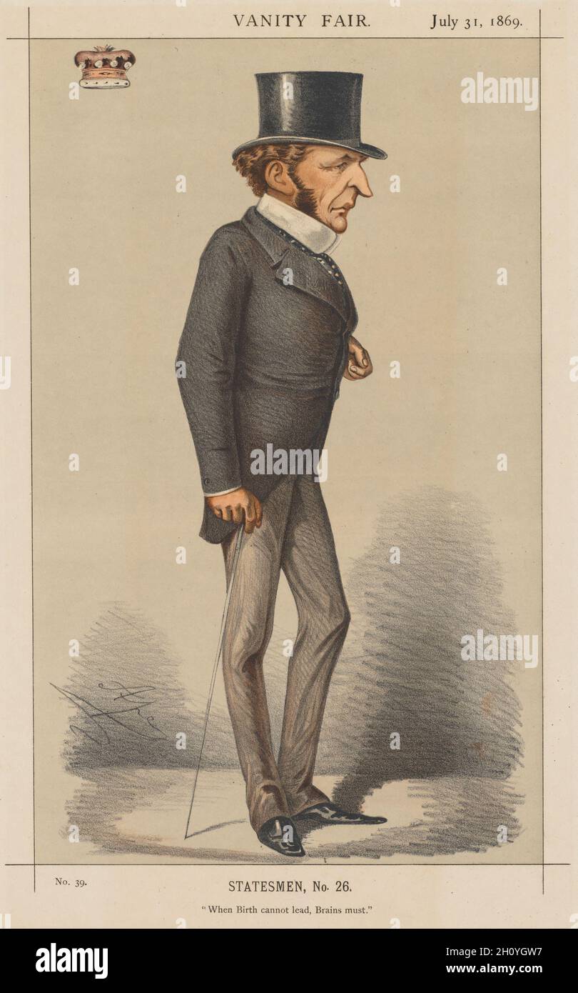 Publié dans Vanity Fair le 31 juillet 1869: Vanity Fair: Statesman No. 26 'quand la naissance ne peut pas mener, Brains must.', 1869.Carlo (APE) Pellegrini (italien, 1839-1889), Vanity Fair.(Boston: Frame Central, 1992.) p. 1, 31 juillet 1869, n° 26.Lithographie couleur; feuille: 37.6 x 24.9 cm (14 13/16 x 9 13/16 po.); image: 31.6 x 19.5 cm (12 7/16 x 7 11/16 po.). Banque D'Images