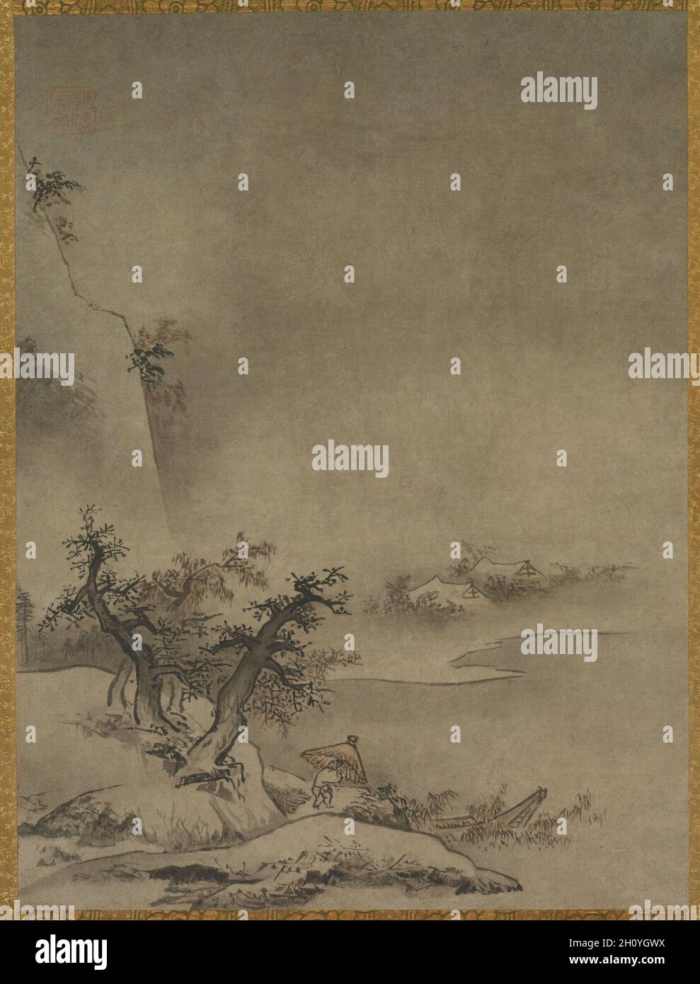 Un serviteur chinois marchant dans la pluie, 1500s.Attribué à Gakuō Zōkyū (japonais, actif environ 1482–1514).Rouleau suspendu; encre sur papier; monté: 131.8 x 44.2 cm (51 7/8 x 17 3/8 po.).Attribué à l'artiste Gaku?, ce tableau a un faux sceau de l'influent SH?kokuji temple monk-peintre Tensh?SH?bun (décédé entre 1444 et 50 ans), avec qui il aurait été formé.Gaku ?Peut-être avez-vous hélé à l'ISE dans la préfecture de Wakayama, une région située au sud de Kyoto, dans la région de Kansai.Bien qu'on ne connaît pas beaucoup de sa vie, les inscriptions sur certaines de ses peintures indiquent des liens forts avec éminent Banque D'Images
