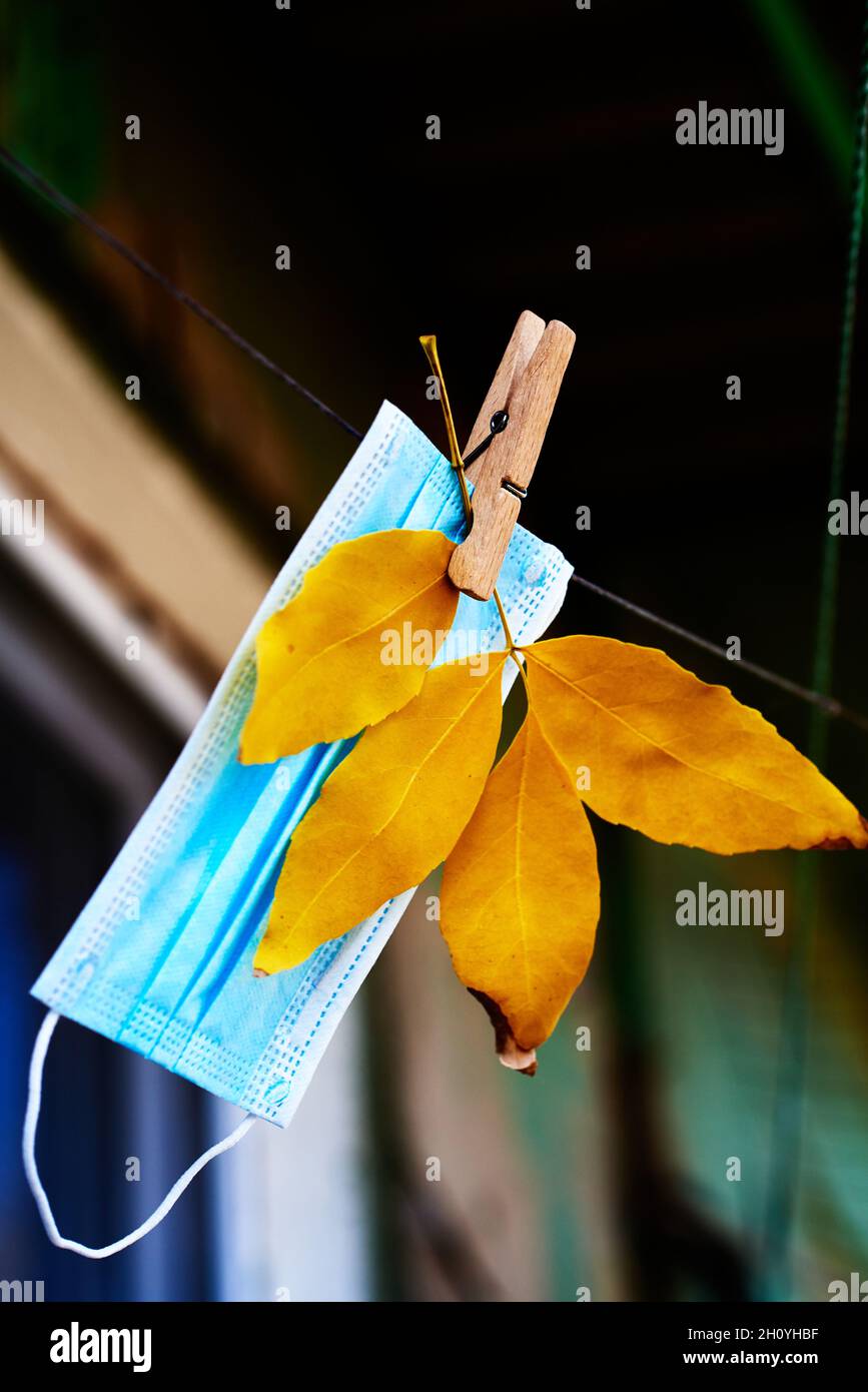 Un masque médical bleu est accroché à une corde avec une branche de feuilles brunes.Concept de mode masque d'automne Banque D'Images