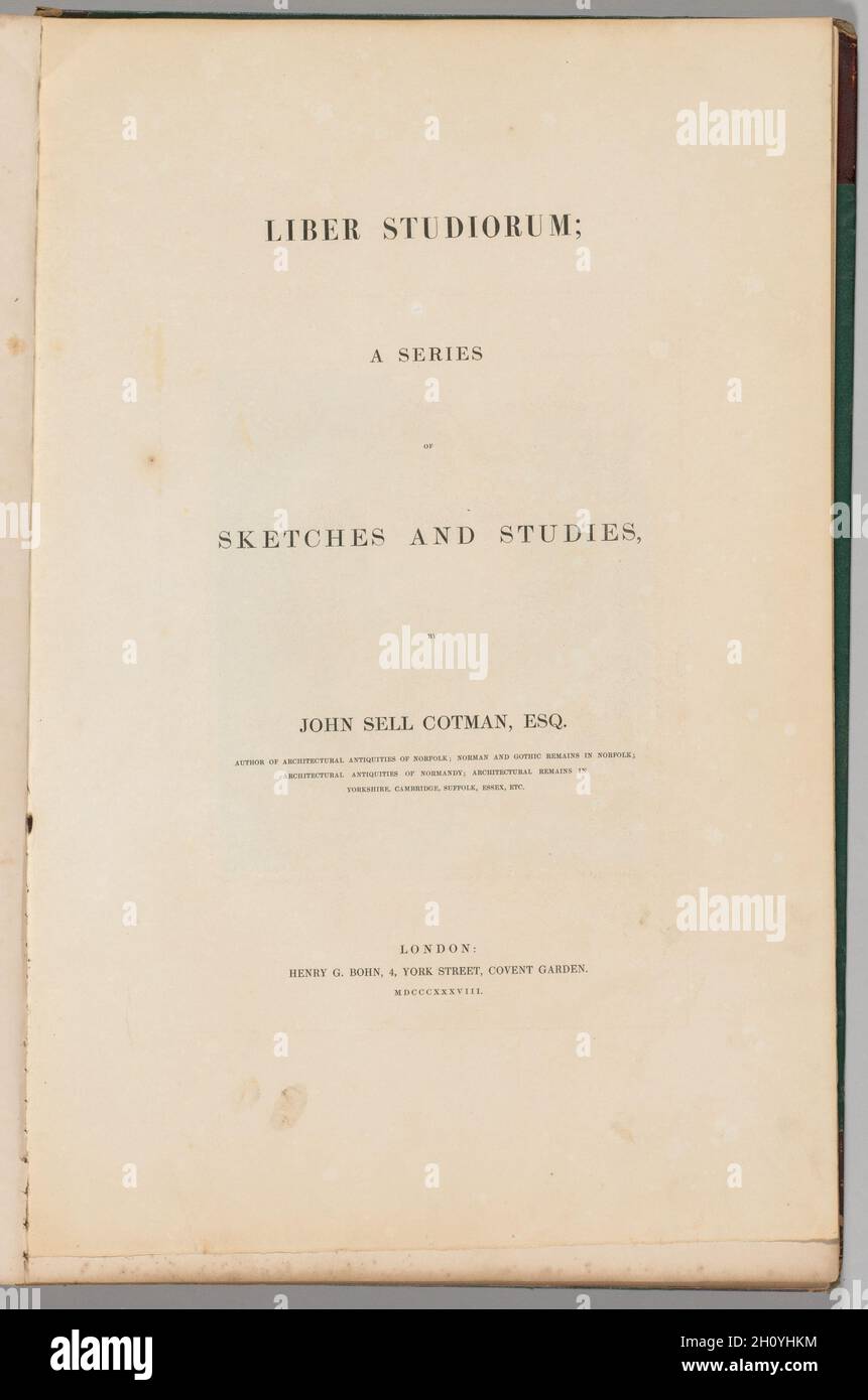 Liber Studiorum : Page de titre, 1838. John Cotman Vendez (britannique, 1782-1842). Texte gravé sur papier vélin, à partir d'un volume relié contenant 48 plaques ; feuille : 48,6 x 31,9 cm (19 1/8 x 12 9/16 in.). Banque D'Images