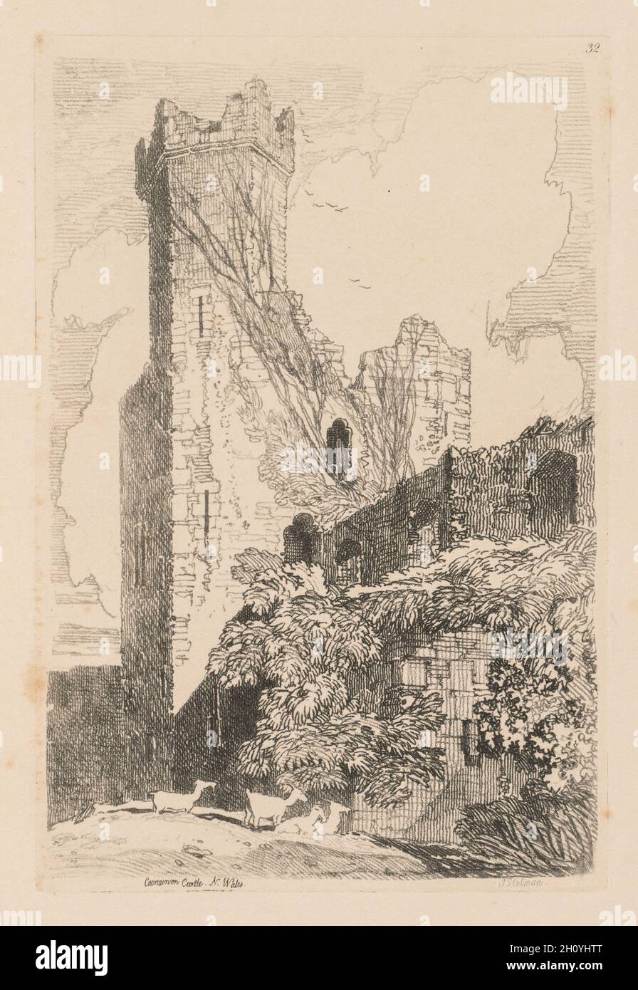 Liber Studiorum : plaque 32, Château de Caernarvon, 1838. John Cotman Vendez (britannique, 1782-1842). À partir d'une gravure, Softground volume relié contenant 48 plaques ; feuille : 49,5 x 32 cm (19 1/2 x 12 5/8 in.) : platemark ; 18,8 x 12,7 cm (7 3/8 x 5 in.). Banque D'Images