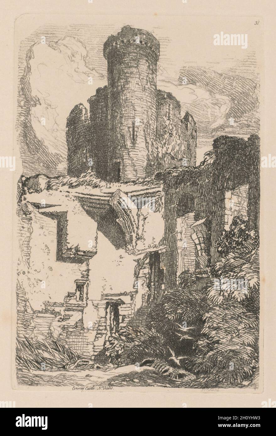 Liber Studiorum : plaque 31, Conway Castle, 1838. John Cotman Vendez (britannique, 1782-1842). À partir d'une gravure, Softground volume relié contenant 48 plaques ; feuille : 49,6 x 32 cm (19 1/2 x 12 5/8 in.) ; platemark : 18,9 x 12,6 cm (7 16/07 x 4 15/16 in.). Banque D'Images