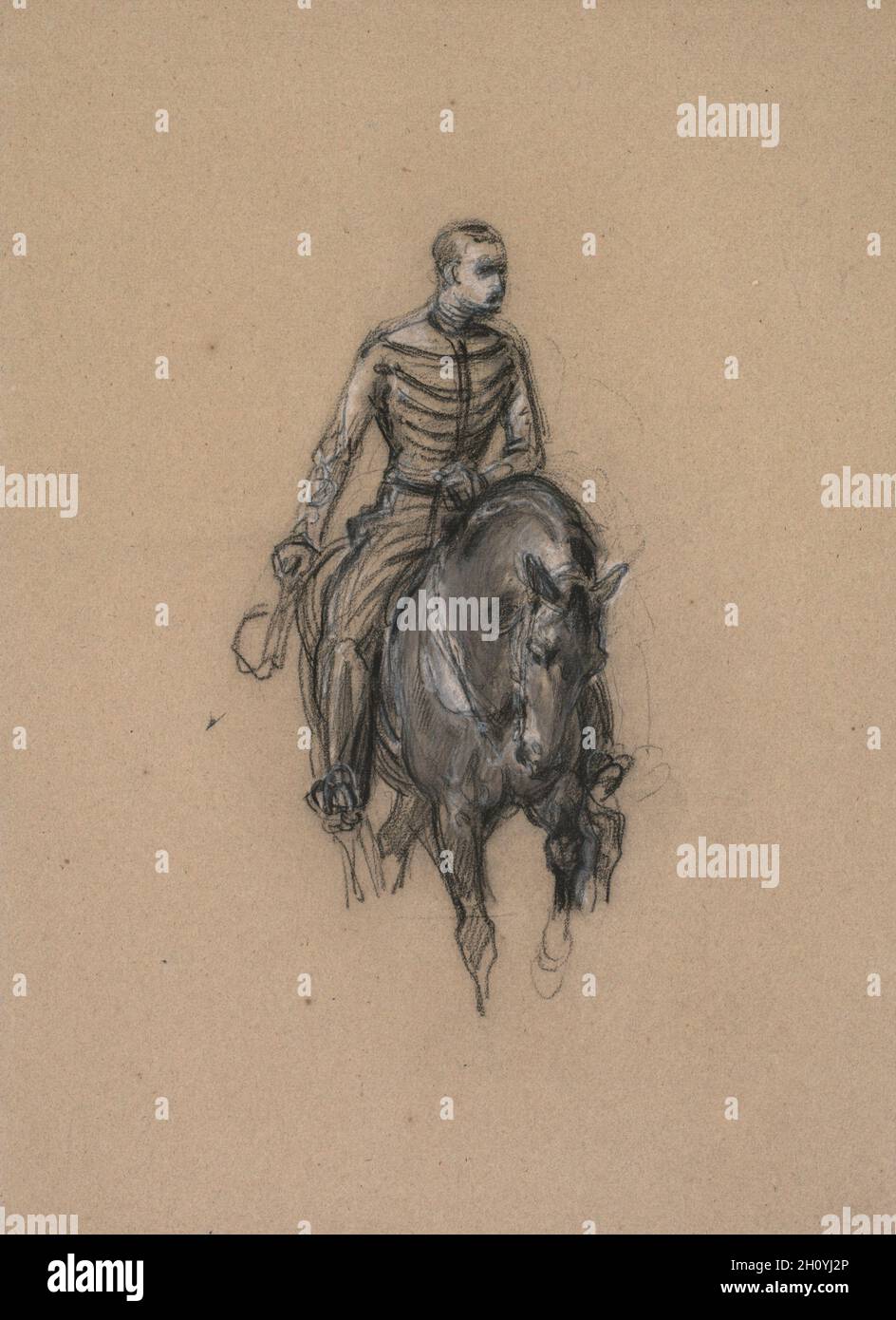 Militaire un soldat à cheval (cheval), ch. 1860. Isidore Pils (Français, 1813/15-1875). Noir et craie blanche sur papier vergé beige ; total : 34,8 x 25,5 cm (13 11/16 x 10 1/16 in.). Banque D'Images Militaire un soldat à cheval (cheval), ch. 1860. Isidore Pils (Français, 1813/15-1875). Noir et craie blanche sur papier vergé beige ; total : 34,8 x 25,5 cm (13 11/16 x 10 1/16 in.). Banque D'Images