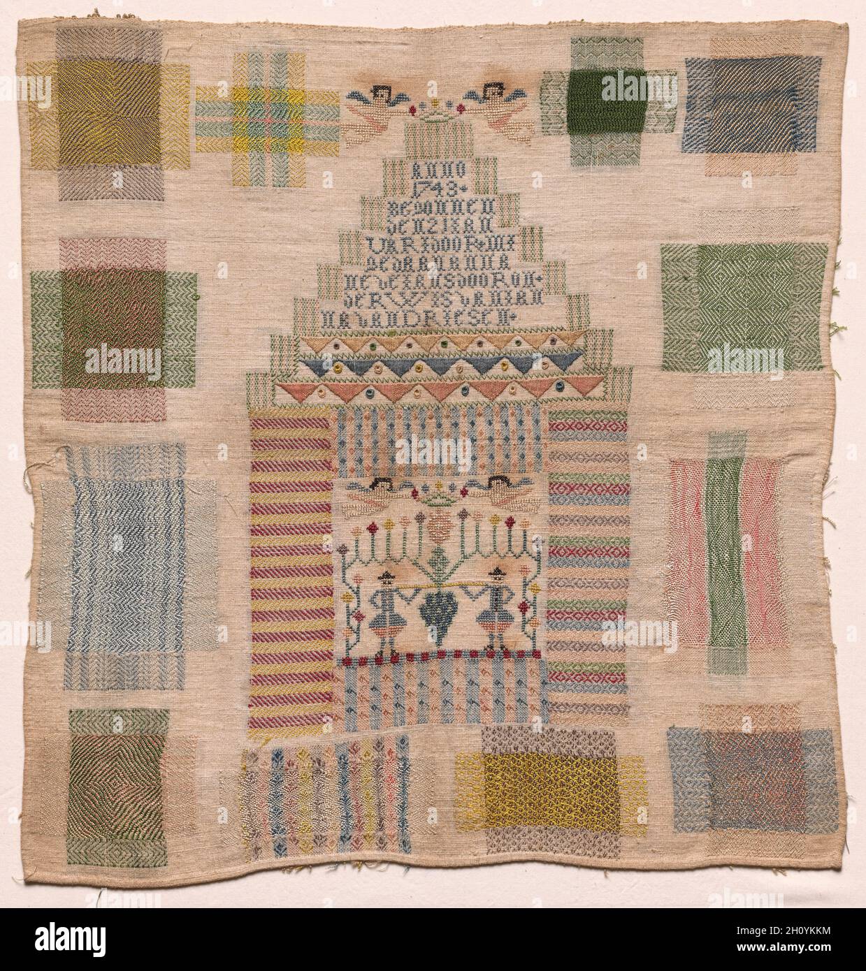 Sampler, 1743. Pays Bas, Milieu du xviiie siècle. Broderie ; soie sur laine ; total : 48,9 x 47 cm (19 1/4 x 18 1/2 in.). Banque D'Images