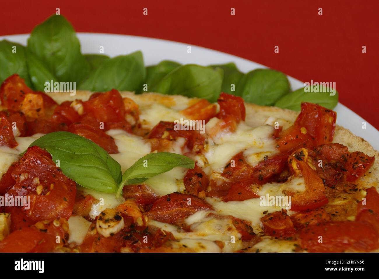 Délicieuse grande bruschetta italienne avec tomates rouges juteuses, mozzarella, ail, huile d'olive et feuilles de basilic frais sur une assiette Banque D'Images