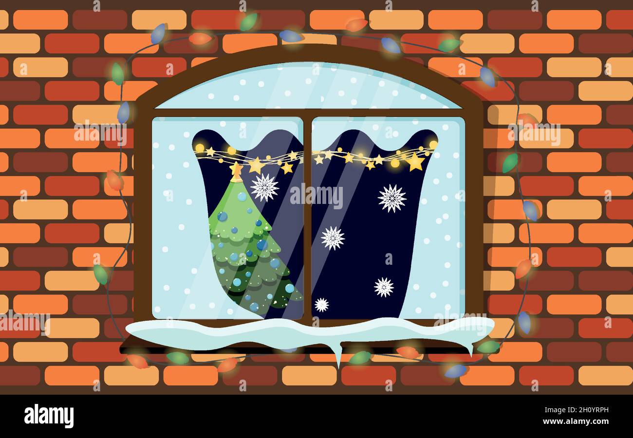 Fenêtre de Noël dans un mur de briques.Séjour avec Noël.Bonne décoration de nouvel an. Illustration de Vecteur