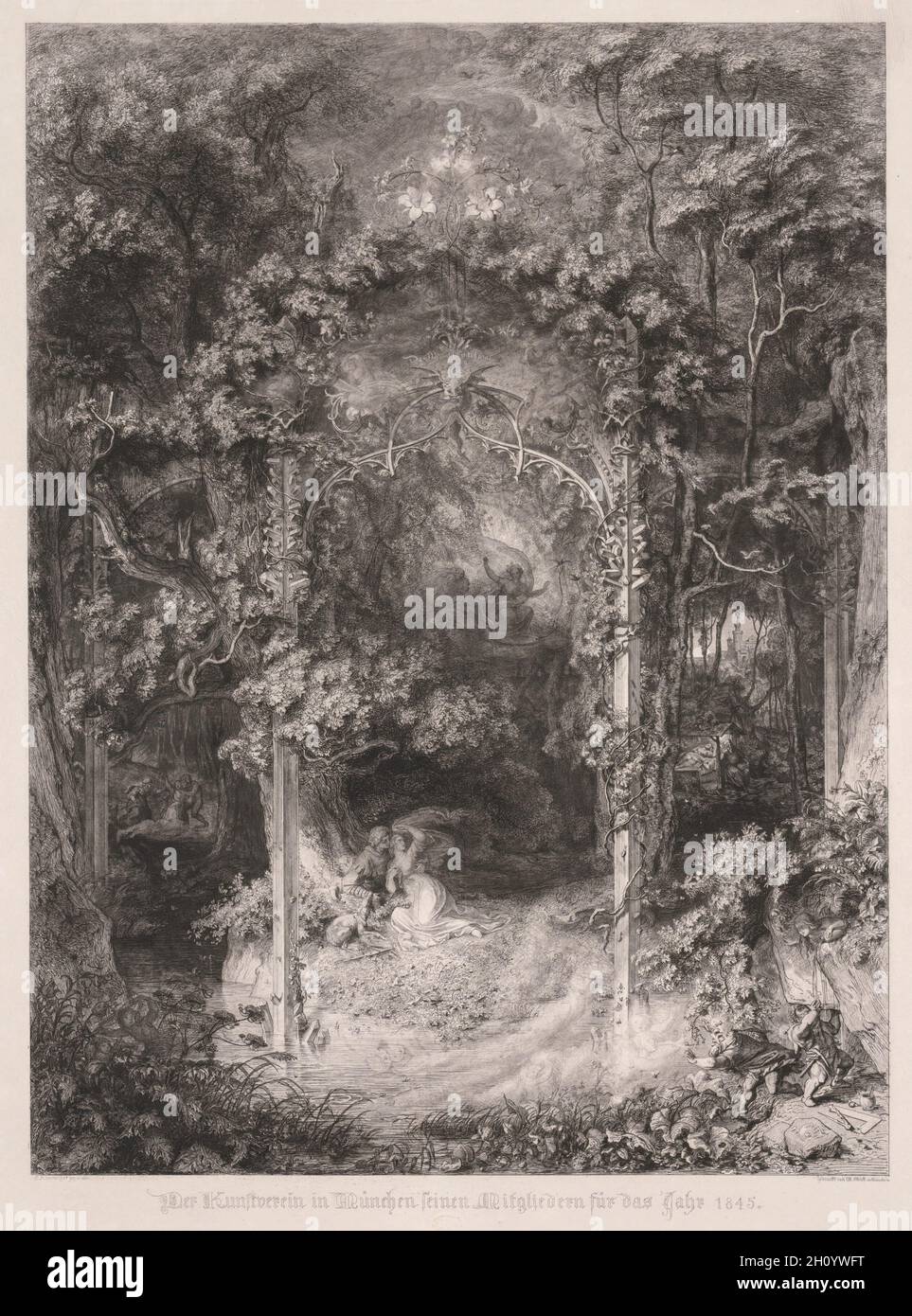 La forêt de Maiden, 1845.Wendelin Wick (allemand, actif 1842-1853), Eugen Napoleon Neuruther (allemand, 1806-1862).Gravure sur acier sur papier vélin; plaque: 72 x 53 cm (28 3/8 x 20 7/8 in.); feuille: 81 x 62 cm (31 7/8 x 24 7/16 in.).L'histoire de la forêt Maiden raconte l'histoire du démon féminin qui habite la forêt et apparaît comme une belle femme à tenter et à s'attaquer aux hommes qui ne sont pas à la hauteur.Cette impression montre plusieurs scènes différentes de séduction, placées à travers une canopée forestière finement tissée.Eugen Neueuther a réalisé cette gravure élaborée décrivant l'histoire lors d'une renaissance de l'intérêt pour les contes populaires en germe Banque D'Images