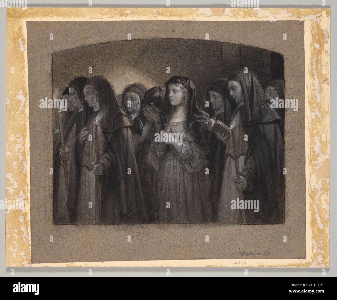 Moniales, mi-1800.Anonyme.Craie noire et blanche sur papier gris; feuille: 18.8 x 21.2 cm (7 3/8 x 8 3/8 po).Dans ce dessin, un groupe de jeunes nonnes se rassemblent pour prier.L'artiste français inconnu a utilisé la craie blanche pour mettre délicatement en évidence la figure centrale avec les mains clastées.Le travail suggère le nouveau style et le nouveau sujet qui ont proliféré dans toute la France au milieu du XIXe siècle, quand un public de classe moyenne émergent s'est intéressé à la collecte d'art et à la visualisation dans des expositions telles que le salon de Paris. Banque D'Images Moniales, mi-1800.Anonyme.Craie noire et blanche sur papier gris; feuille: 18.8 x 21.2 cm (7 3/8 x 8 3/8 po).Dans ce dessin, un groupe de jeunes nonnes se rassemblent pour prier.L'artiste français inconnu a utilisé la craie blanche pour mettre délicatement en évidence la figure centrale avec les mains clastées.Le travail suggère le nouveau style et le nouveau sujet qui ont proliféré dans toute la France au milieu du XIXe siècle, quand un public de classe moyenne émergent s'est intéressé à la collecte d'art et à la visualisation dans des expositions telles que le salon de Paris. Banque D'Images