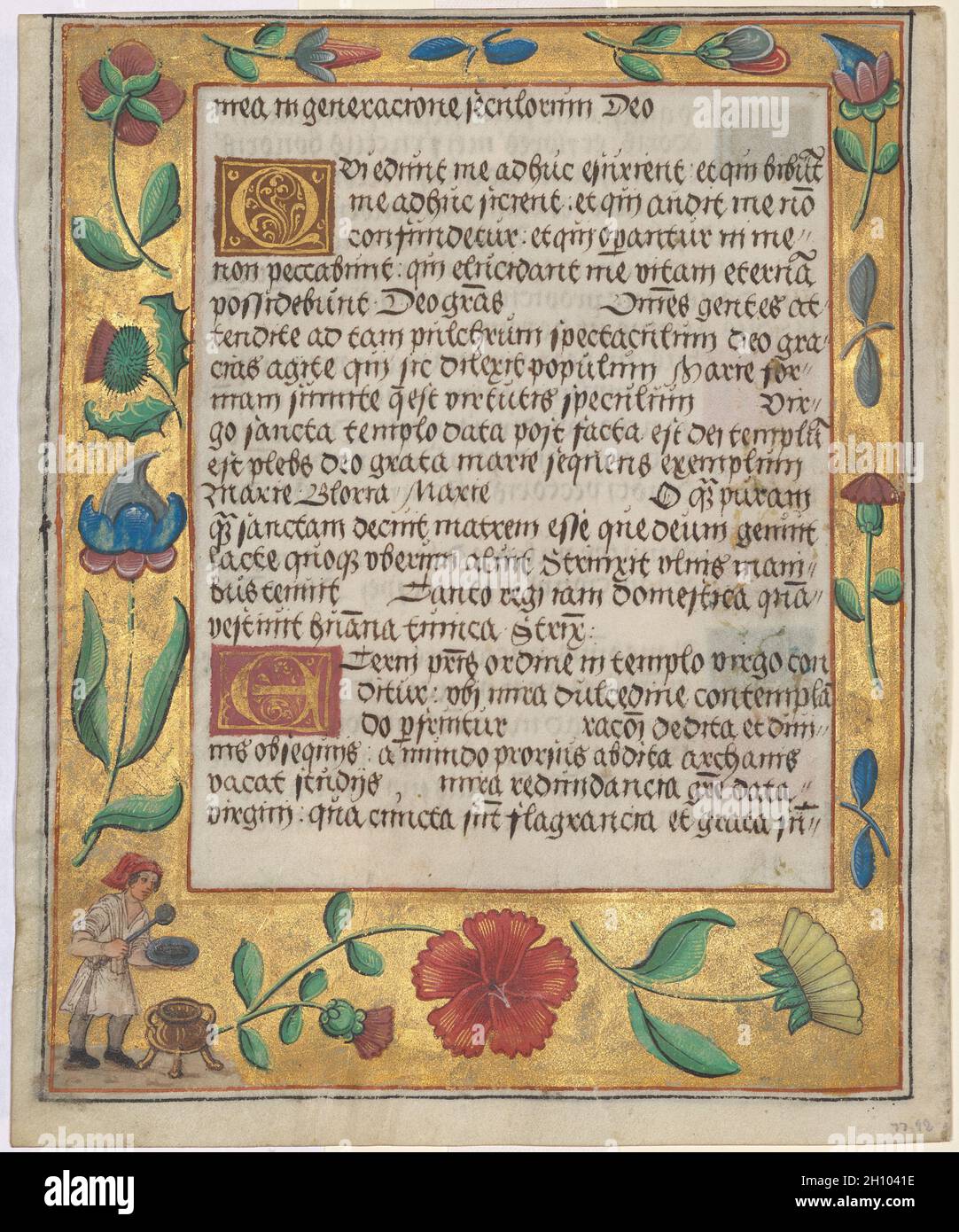 Feuille d'un Psautre et d'un Livre de prière : bordure ornementale avec œillets, un Thistle, et une soupe de louches de cuisine (verso), c.1524. Allemagne, Hildesheim(?), XVIe siècle.Encre, tempera et or liquide sur vélin; chaque feuille: 16.6 x 13.5 cm (6 9/16 x 5 5/16 po).Cette feuille et d'autres de la collection ont été excisés du même livre de prière.Ils révèlent le charme de la décoration séculaire comme les satyres ou les activités domestiques comme la cuisine.De tels détails auraient été un délice somptueux pour le propriétaire original.Le livre original était un volume très personnalisé apparemment écrit et illuminé dans North Ger Banque D'Images