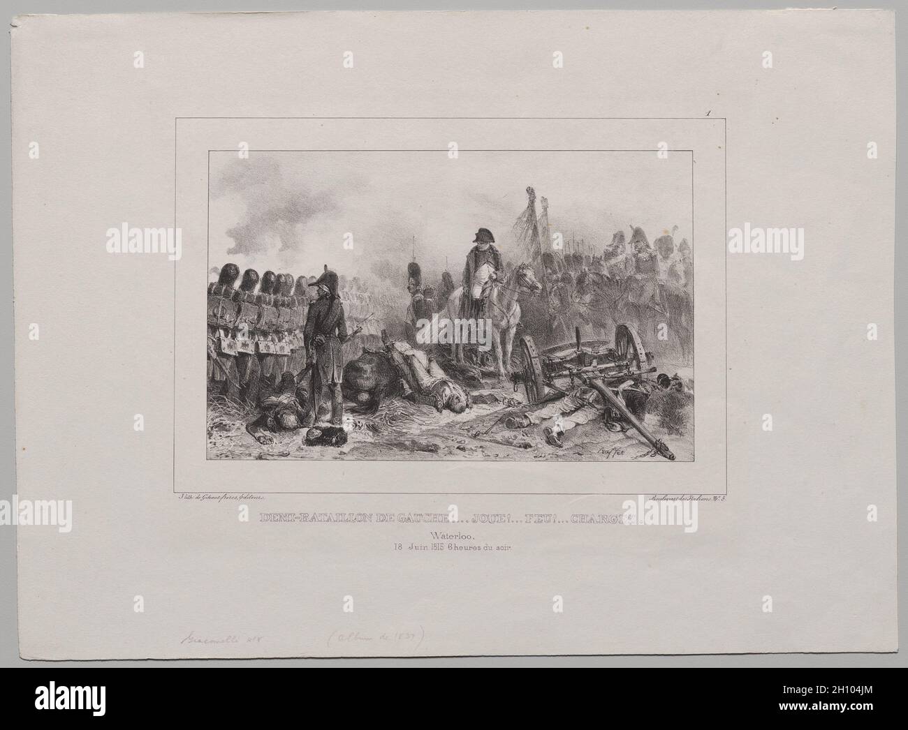 Album lithographique de 1837: Demi-bataillon à gauche…but!...feu!...chargement , 1836.Auguste Raffet (français, 1804-1860).Lithographie; feuille: 28.5 x 38.8 cm (11 1/4 x 15 1/4 po.); image: 13.7 x 21.5 cm (5 3/8 x 8 7/16 po.). Banque D'Images