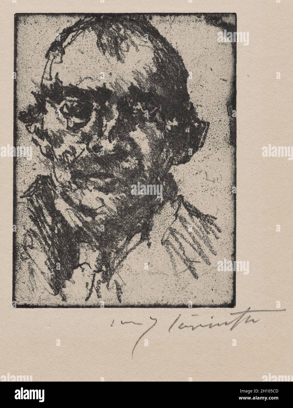 Autoportrait, 1920-21.Lovis Corinth (allemand, 1858-1925).Gravure sur sol dur; Marque de plateau: 11.9 x 19.1 cm (4 11/16 x 7 1/2 in.); feuille: 33 x 24 cm (13 x 9 7/16 in.).Après avoir subi un AVC en 1911, l'artiste allemand Lovis Corinthe a réalisé de nombreux autoportraits qui montrent une préoccupation avec sa propre mortalité.Corinth a créé un sentiment de tension et d'anxiété en se présentant dans une ombre intense, avec les yeux regardant directement au spectateur; ses marques faites dans la terre douce de gravure manifeste une énergie nerveuse. Banque D'Images