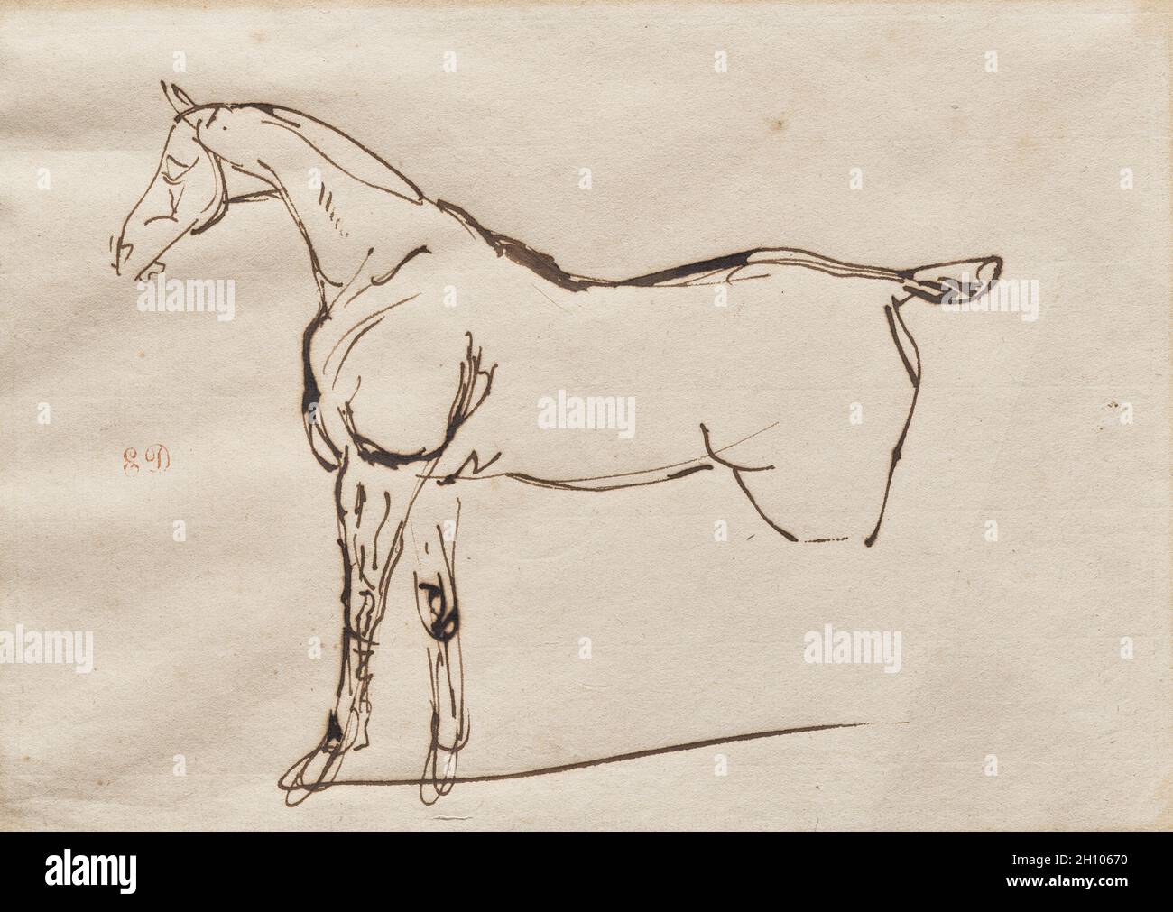 Étude d'un cheval, c.1820–30.Eugène Delacroix (français, 1798-1863).Encre sur papier; image : 17.1 x 24 cm (6 3/4 x 9 7/16 po.); feuille : 21 x 28.2 cm (8 1/4 x 11 1/8 po.).Eugène Delacroix a représenté plusieurs fois des chevaux tout au long de sa carrière, visitant des écuries pour observer les animaux au repos et en mouvement.Cette feuille est probablement un exemple de la vie.Delacroix esquissait la forme du cheval sans serrer, se concentrant sur la tension de ses jambes avant et laissant le reste de son corps rendu sans serrer.Par de tels exercices, l'artiste espérait finalement maîtriser ce sujet. Banque D'Images