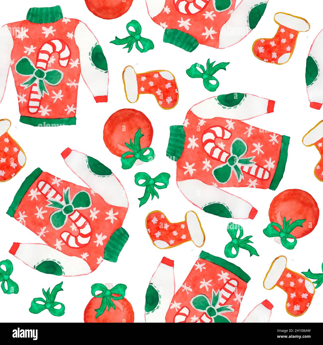 Motif aquarelle sans couture dessiné à la main avec pull de Noël laid.Rouge vert traditionnel couleurs pour le nouvel an fond de célébration avec des cannes Holly cookies ornements.Design rétro brillant pour papier d'emballage textile Banque D'Images